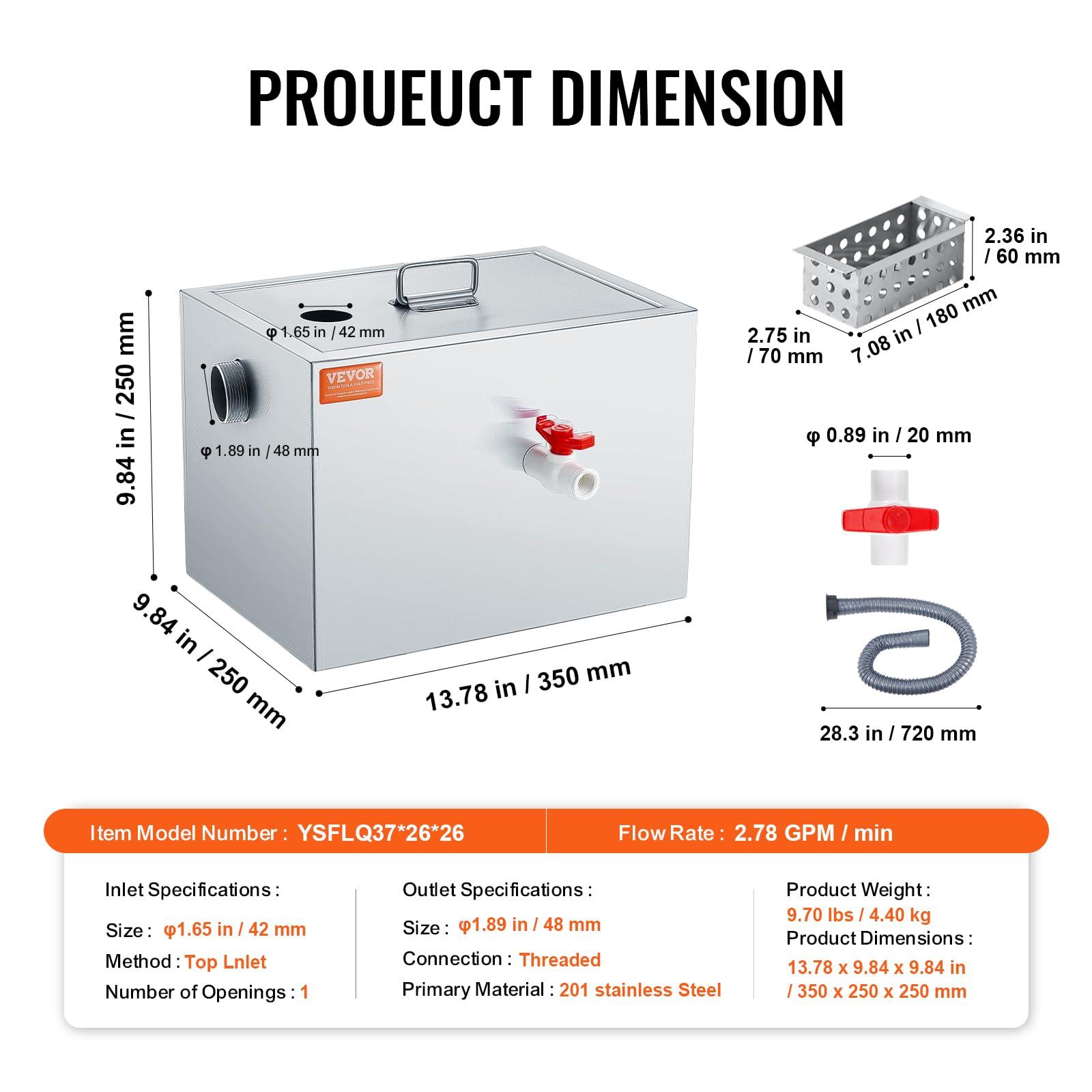 VEVOR Commercial Grease Trap, 8 LBS Grease Interceptor, Top Inlet Interceptor, Under Sink Stainless Steel Grease Trap, 2.8 GPM Waste Water Oil-water Separator, for Restaurant Canteen Home Kitchen - Image 3