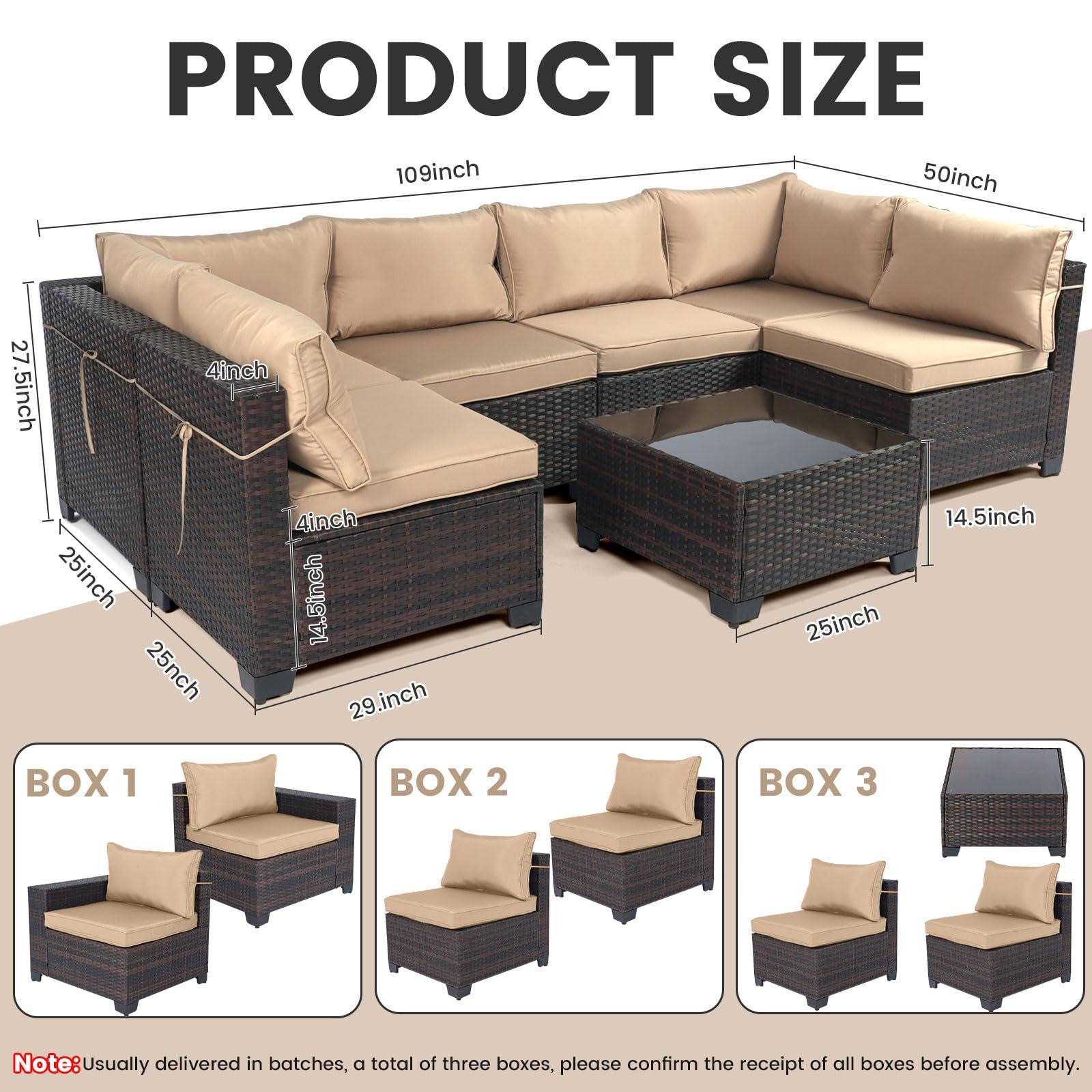 LEVELEVE 7 Pieces Outdoor Patio Furniture Sets,Rattan Conversation Sectional Set,Manual Weaving Wicker Patio Sofa with Tea Table - Image 3