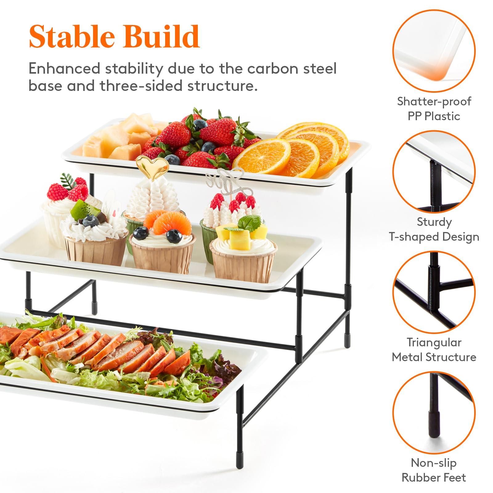 Lifewit Plastic 3 Tier Serving Tray for Party Supplies, 12" x 6.5" Crack-Proof Platters for Serving Food, White Reusable Trays with Black Metal Display Stand for Veggie, Fruit, Cookies, Dessert - Image 7