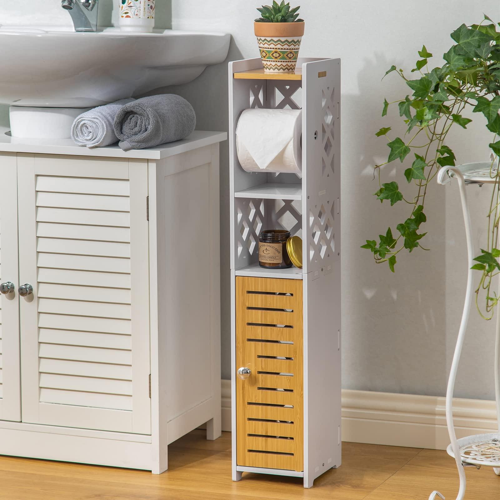 H HUIYKALY Toilet Paper Holder Stand: Bathroom Stand with Toilet Paper Holder Insert,Slim Storage Cabinet for Small Space