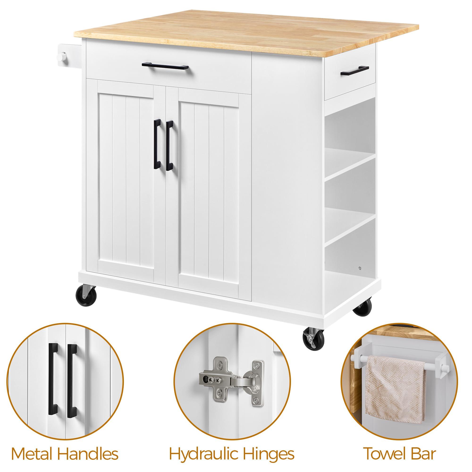 Yaheetech Rolling Kitchen Island Cart with Drop Leaf, Portable Rubberwood Breakfast Bar with Storage Cabinet, Open Shelves & Detachable Towel, 2 Drawers, White - Image 7