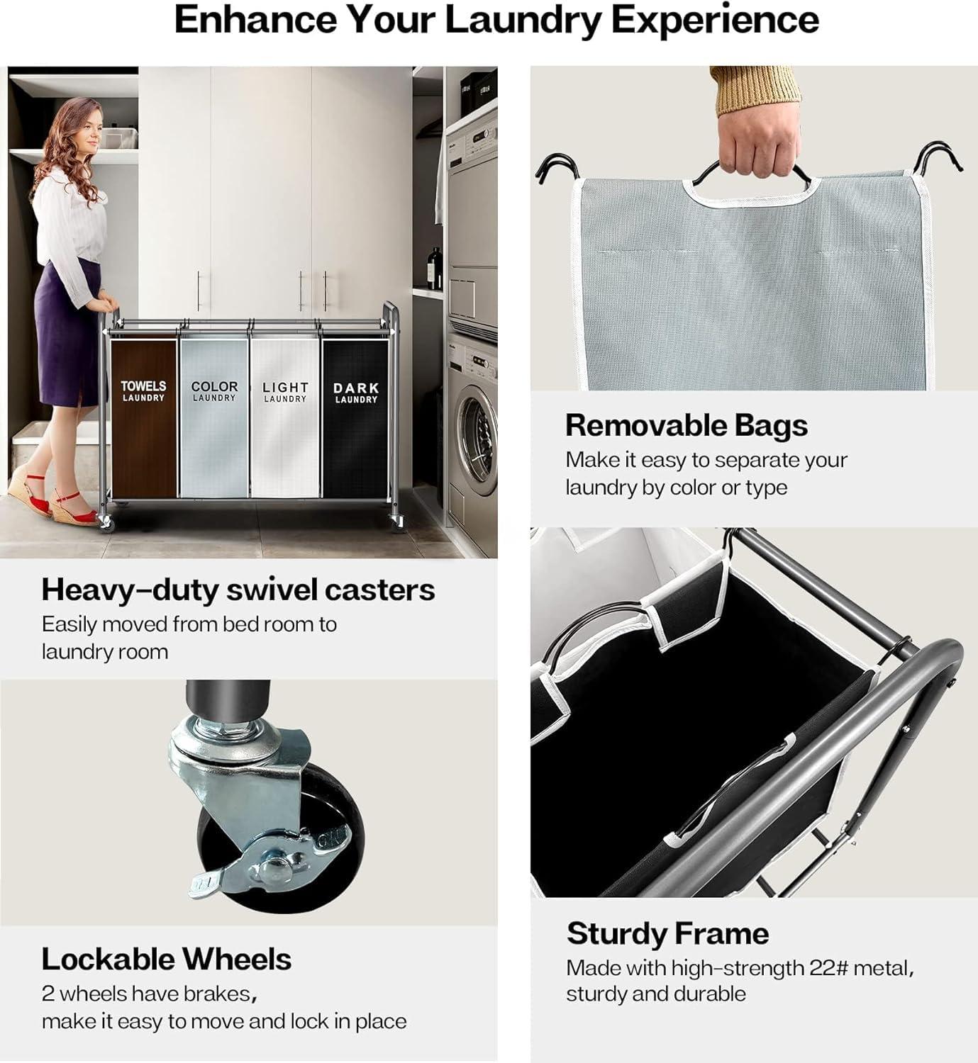 ROMOON Laundry Sorter 4 Section, Separated Laundry Hamper Cart with Wheels and Removable Bags, Rolling Laundry Basket Organizer with Large Capacity for Dirty Cloth Storage in Laundry Room, Multicolor - Image 7