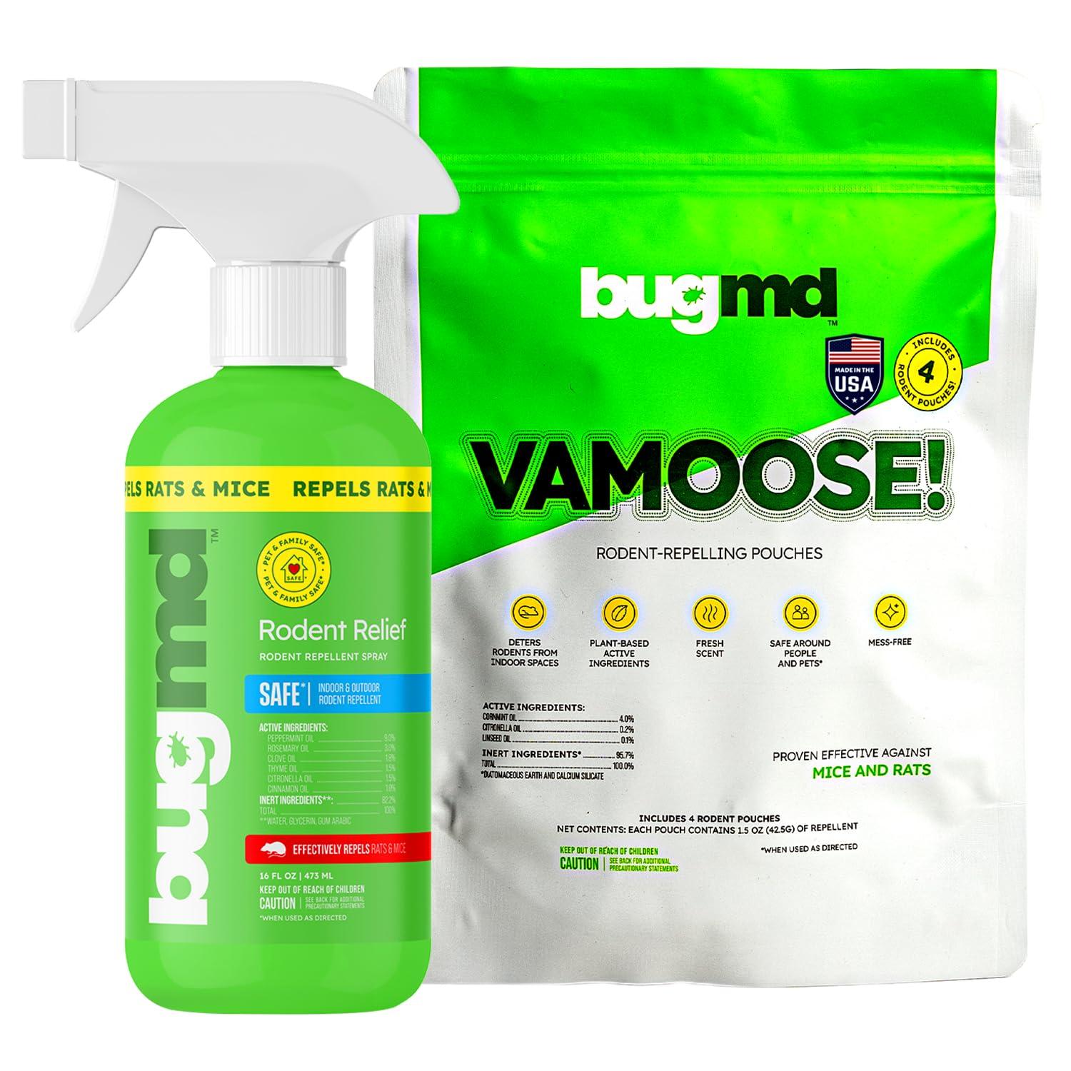 BugMD Vamoose Rodent Repellent Pouches (1 Pack, 4 Pouches) and BugMD Peppermint Oil Spray for Rodents - 16oz Bundle