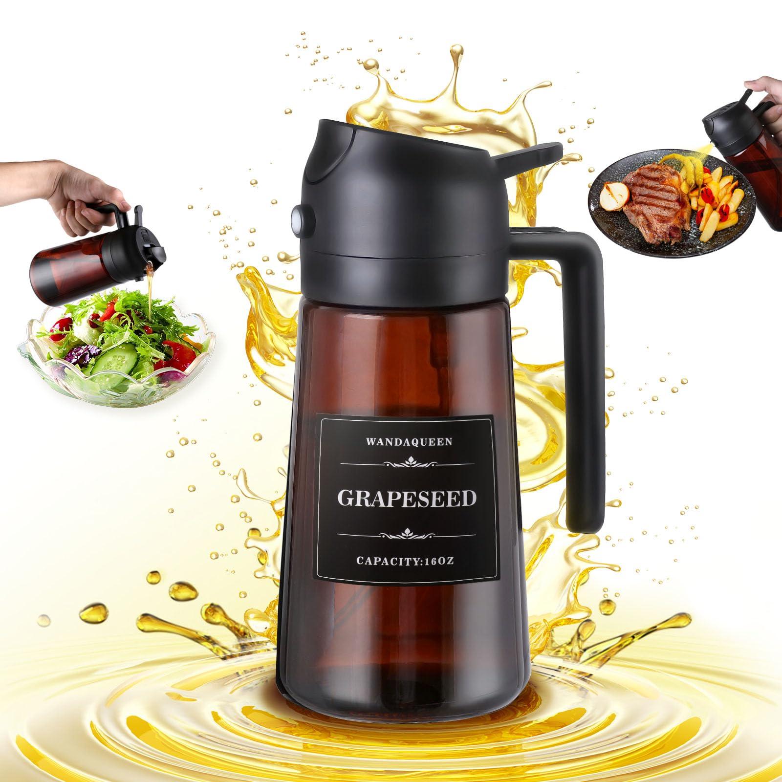 WandaQueen 2 in 1 Oil Sprayer for Cooking, 16oz Olive Oil Dispenser Bottle for Kitchen Gadgets with 8 Stickers, Glass Bottle for Air Fryer