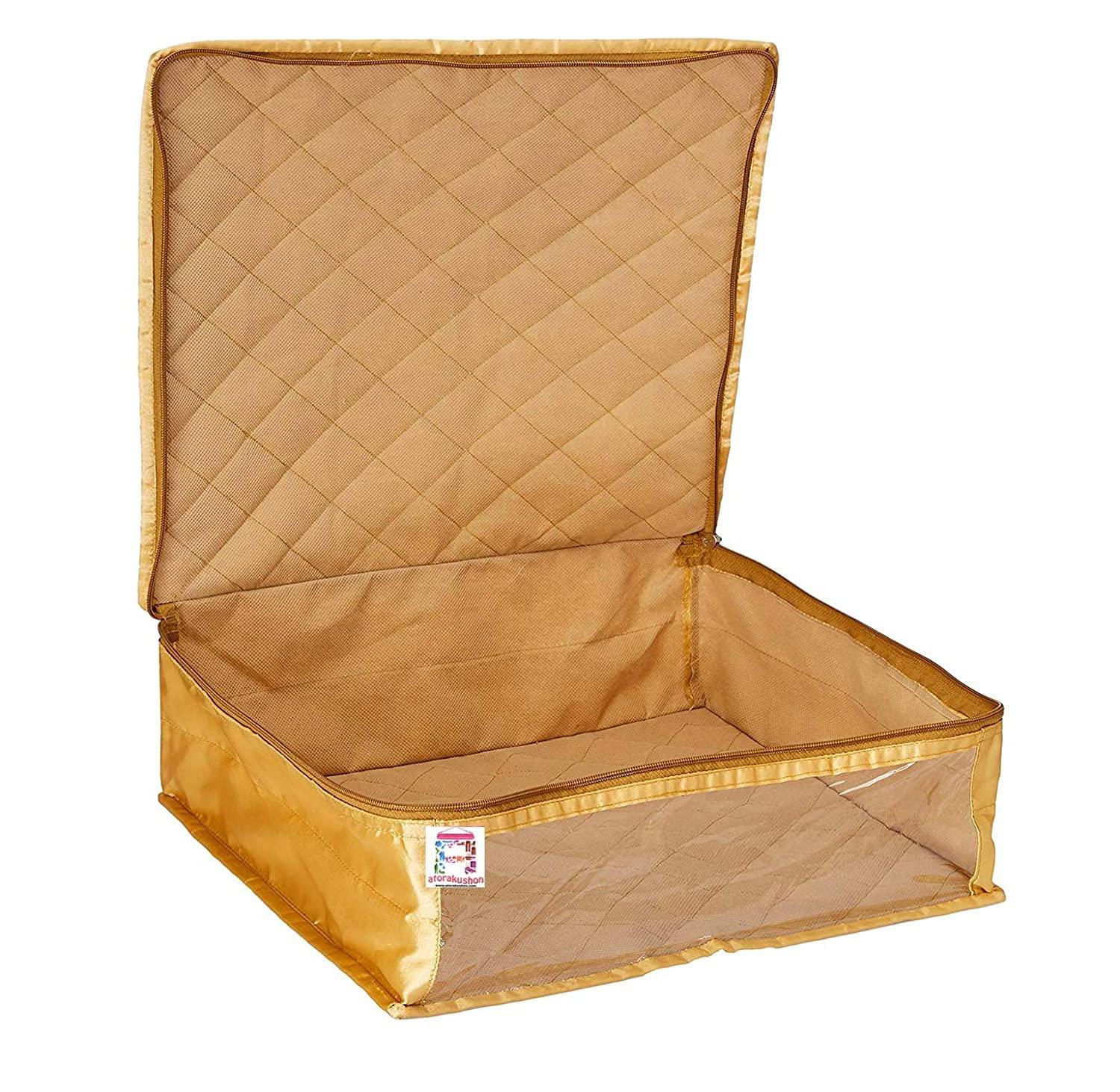 atorakushon Fabric Satin Foldable Saree Covers Garments Clothes Storage Bag Wardrobe Organizers With Double Zip Lock & Transparent Window 4 Pieces Gold - Image 4