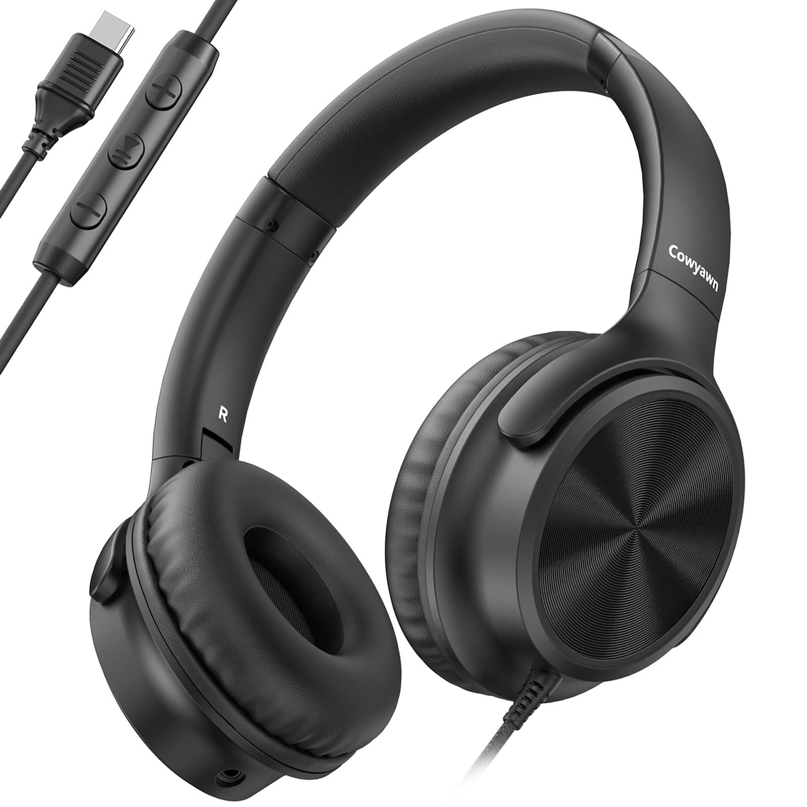 Cowyawn USB C Headphones Wired, Over Ear USB C Wired Headphones with Microphone, Volume Control, HD Stereo Sound, Foldable USB Type C Headphones for Adult/Teens/Chromebook/Laptop/Computer/iPhone,Black