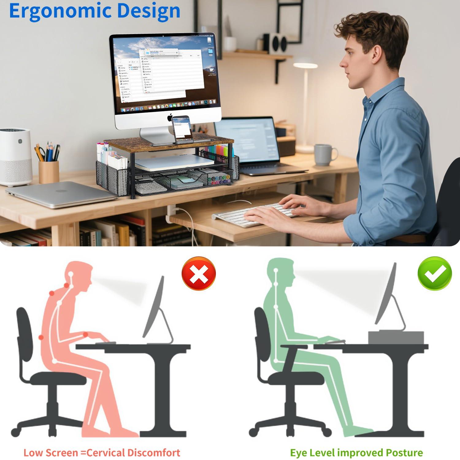 Wood Desk Organizers and Accessories, 2-Tier Computer Monitor Stand with Drawer, Pen Storage & Tablet Phone Holder, Office Desk Accessories, Workspace Desktop Organization for Office Supplies（Brown） - Image 3