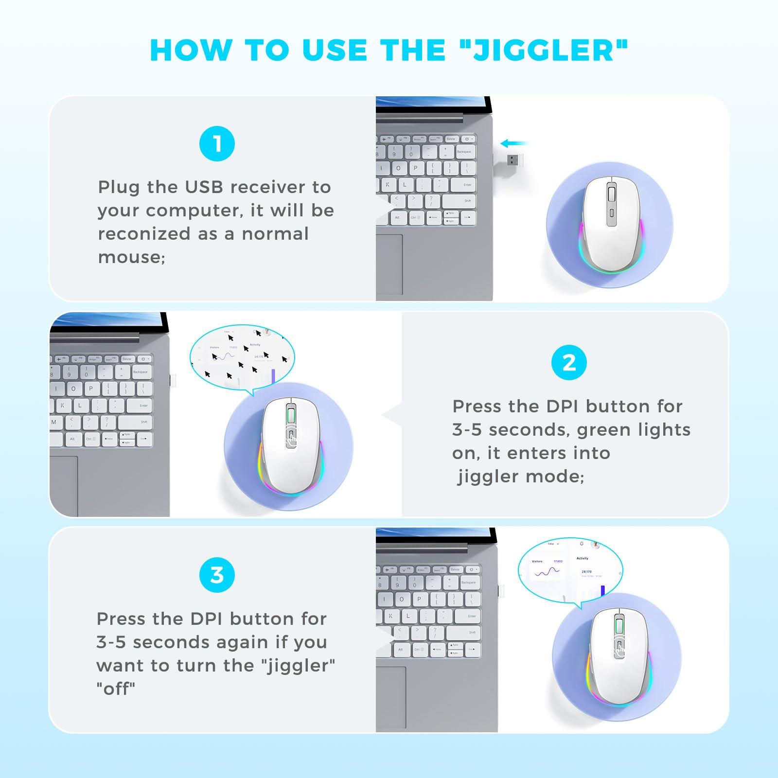 PEIOUS Wireless Mouse Jiggler - LED Wireless Mice with Build-in Mouse Mover, Rechargeable Moving Mouse for Laptop with Undetectable Random Movement Keeps Computers Awake - White & Grey - Image 3