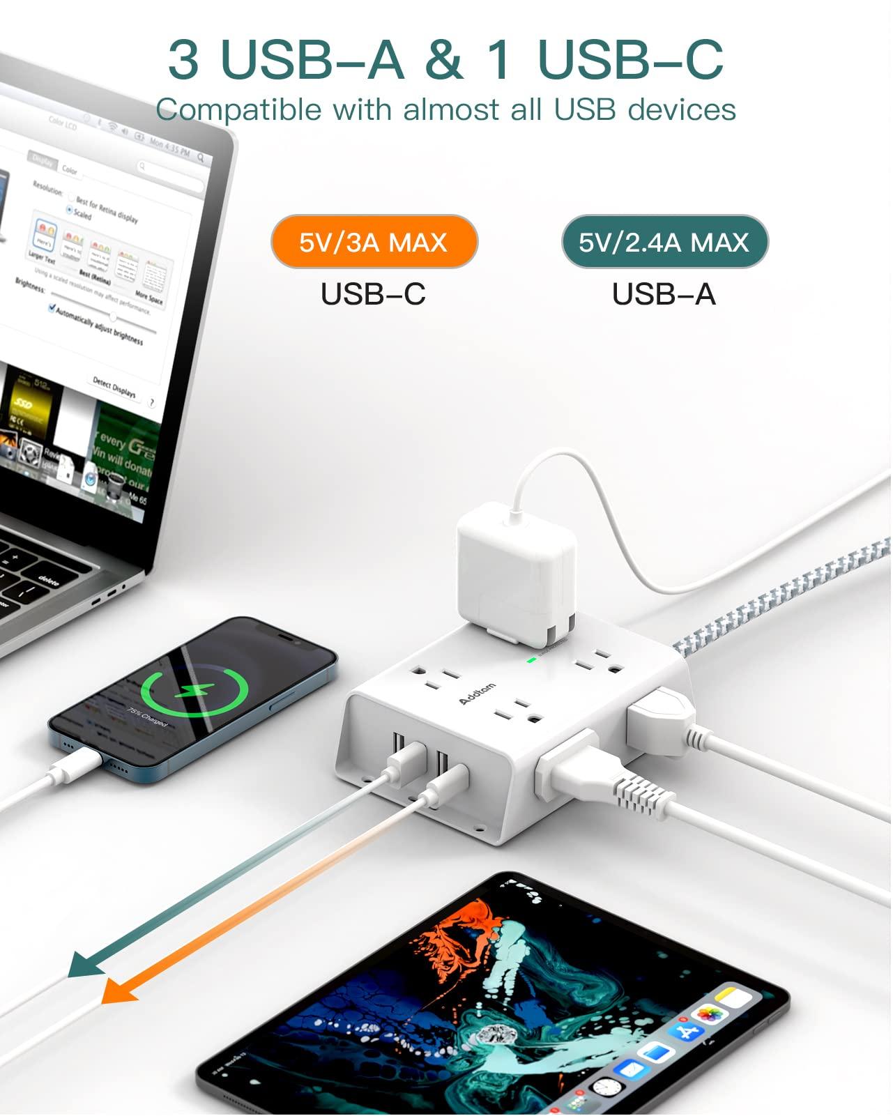 Surge Protector Power Strip - 8 Widely Outlets with 4 USB Ports(1 USB C Outlet), Addtam 3-Side Outlet Extender Strip with 5Ft Extension Cord, Flat Plug, Wall Mount for Dorm Home Office, ETL Listed - Image 4