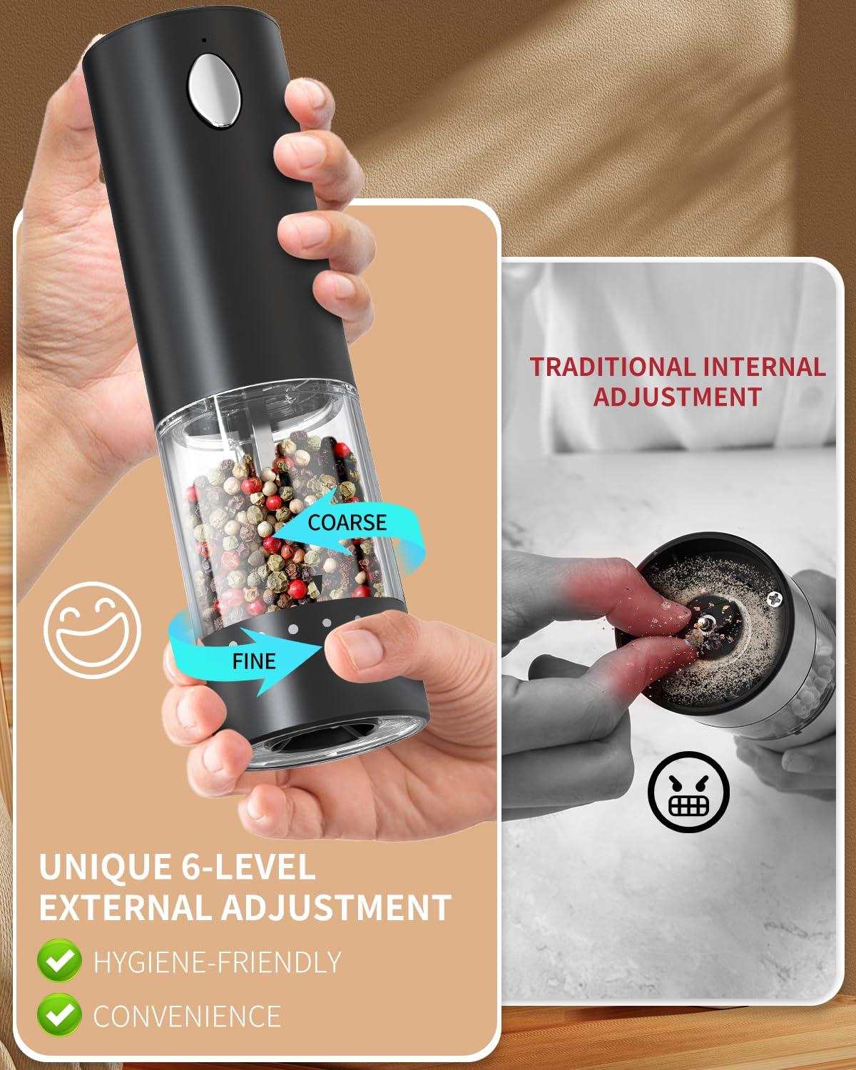 CIRCLE JOY Electric Salt and Pepper Grinder Set Automatic Salt and Pepper Grinder Set with Charging Base and White LED Light, Adjustable Coarseness, USB Rechargeable, Washable Container, White & Black - Image 3