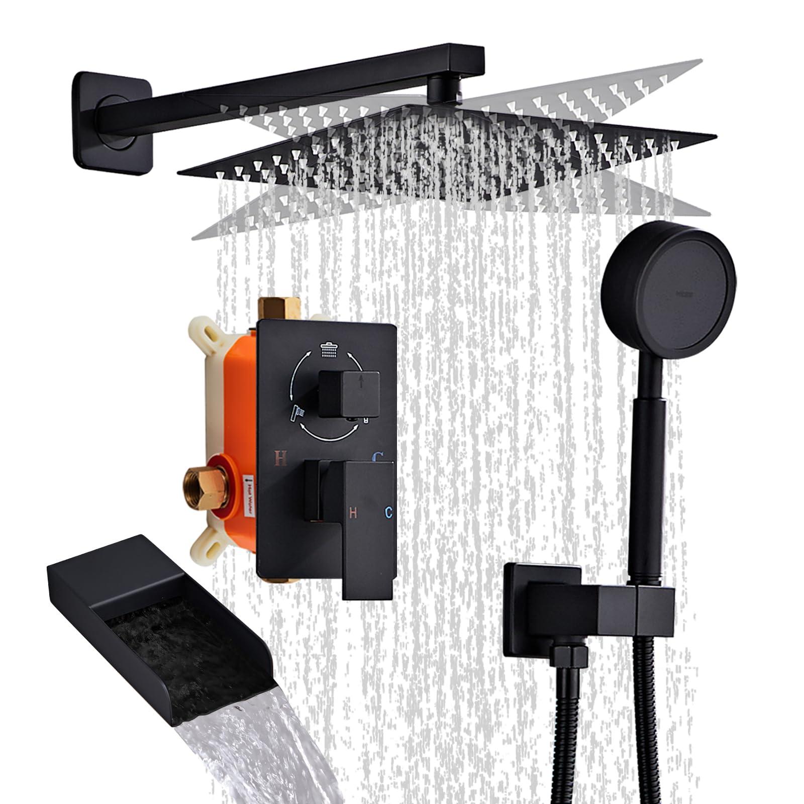 RTTWYYUU Matte Black Shower System With Tub Spout Faucet Set, Wall Mounted 10 Inch Shower Heads with Handheld Spray Combo and Tub Shower Faucet, Luxury Bathroom Square Rain Shower System - 4 Hooks - Image 1