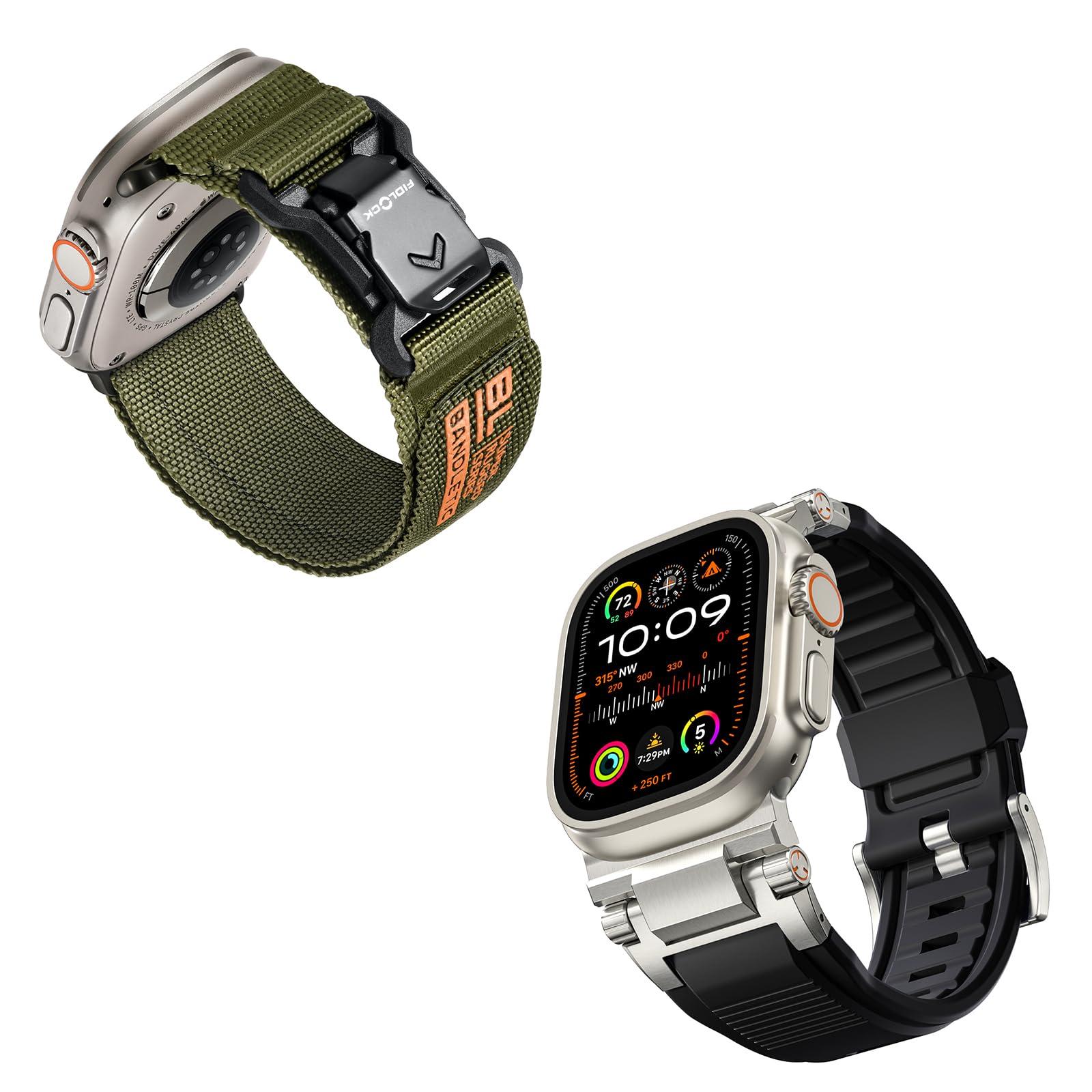 Bandletic Fidlock R-Nylon Magnetic Band + R-Steel FKM Band for Apple Watch Ultra 2 (42mm, 44mm, 45mm, 46mm, 49mm) - Green, Modern, Rally Design with Magnetic Quick-Release and Hook and Loop Closure