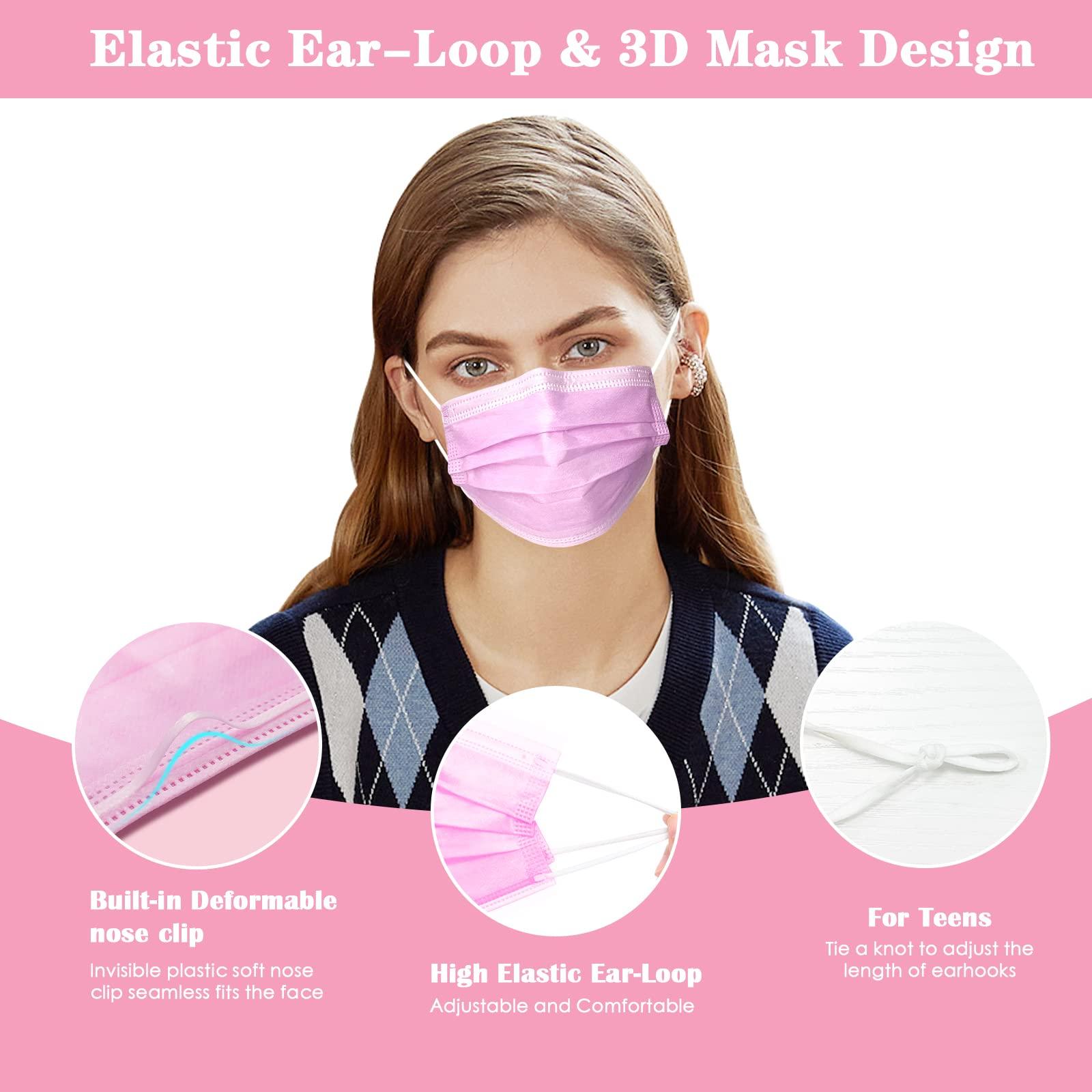 DC-BEAUTIFUL 100 Pcs Pink Disposable 3 Ply Earloop Face Masks,Fit for Adults - Image 3