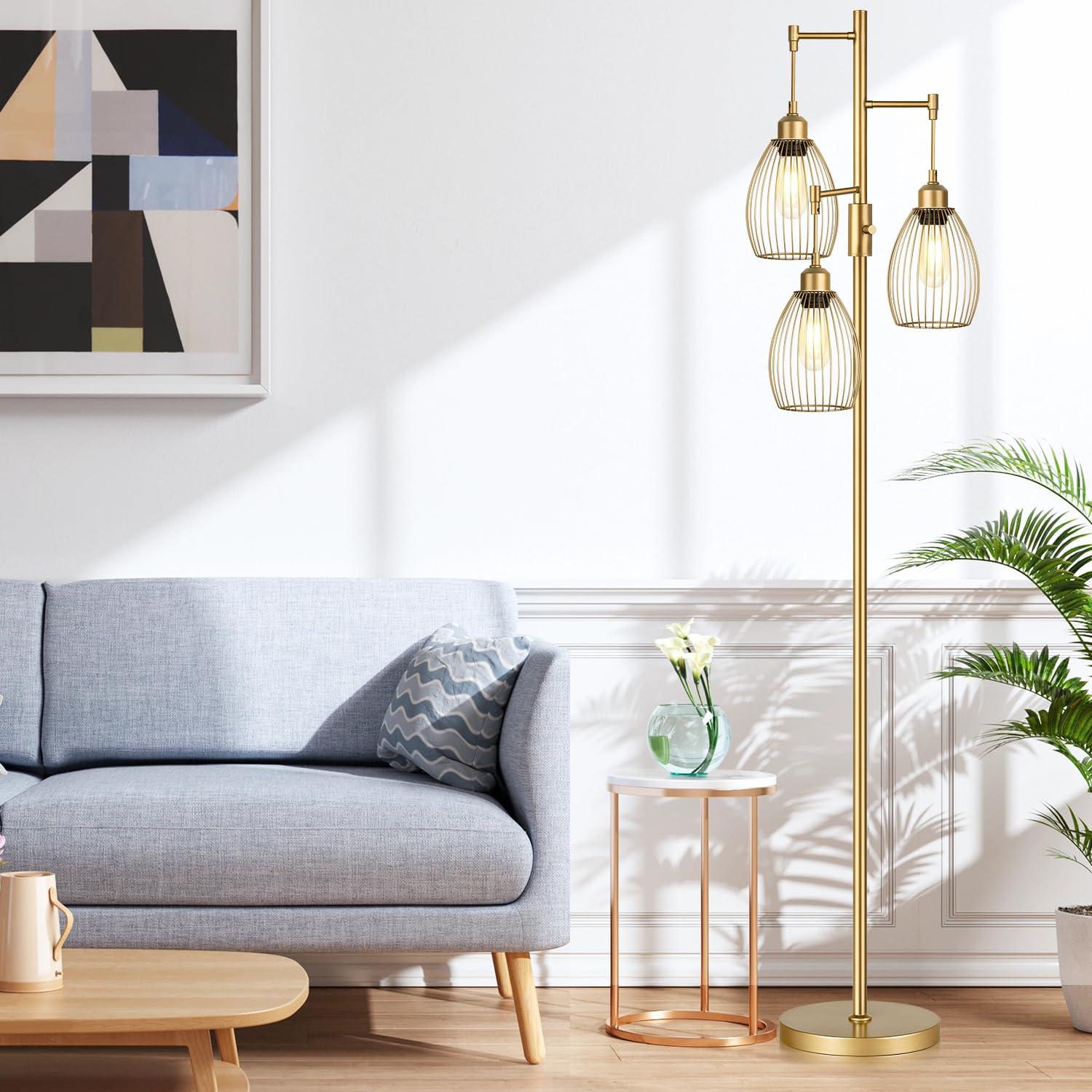 Dimmable Industrial Floor Lamps for Living Room, Gold Tree Standing Tall Lamps with 3 Elegant Teardrop Cage Head & 800 Lumens LED Bulbs for Bedroom Office - Image 8