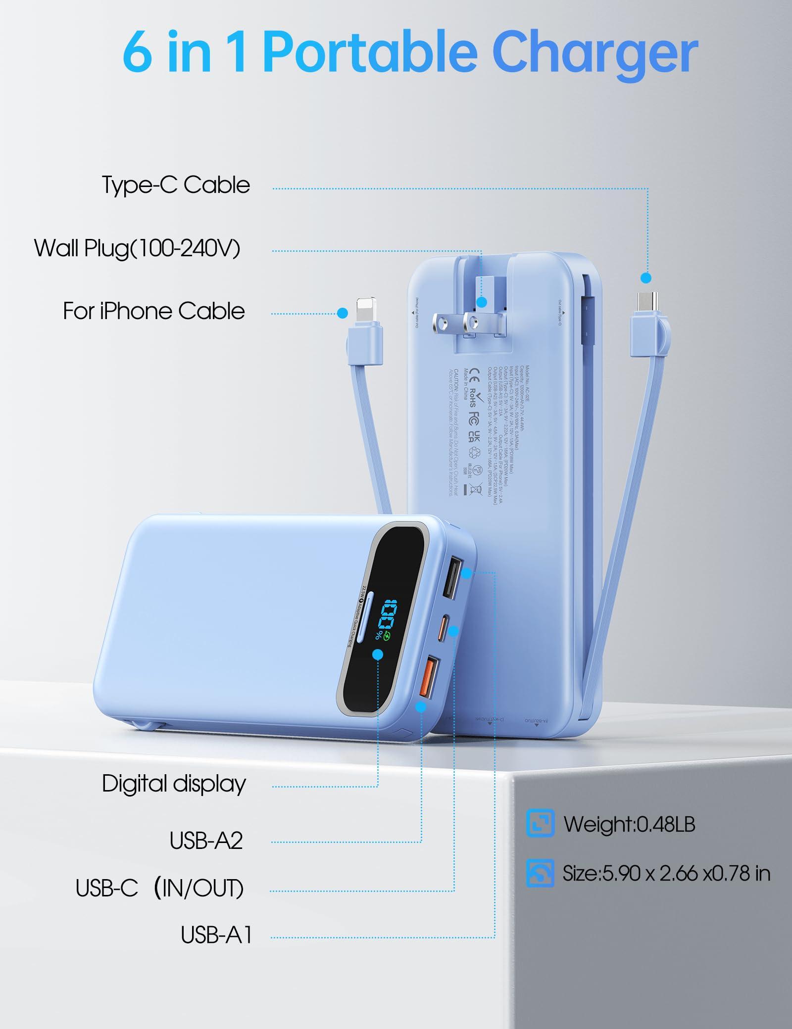 Portable-Charger Power-Bank with Built-in Cables & AC Wall Plug - 12000mAh PD 20W Fast Charging for iPhone,Samsung,Android, USB-C,Rechargeable External Battery Pack for Cell Phone,Type C,Travel Blue - Image 5