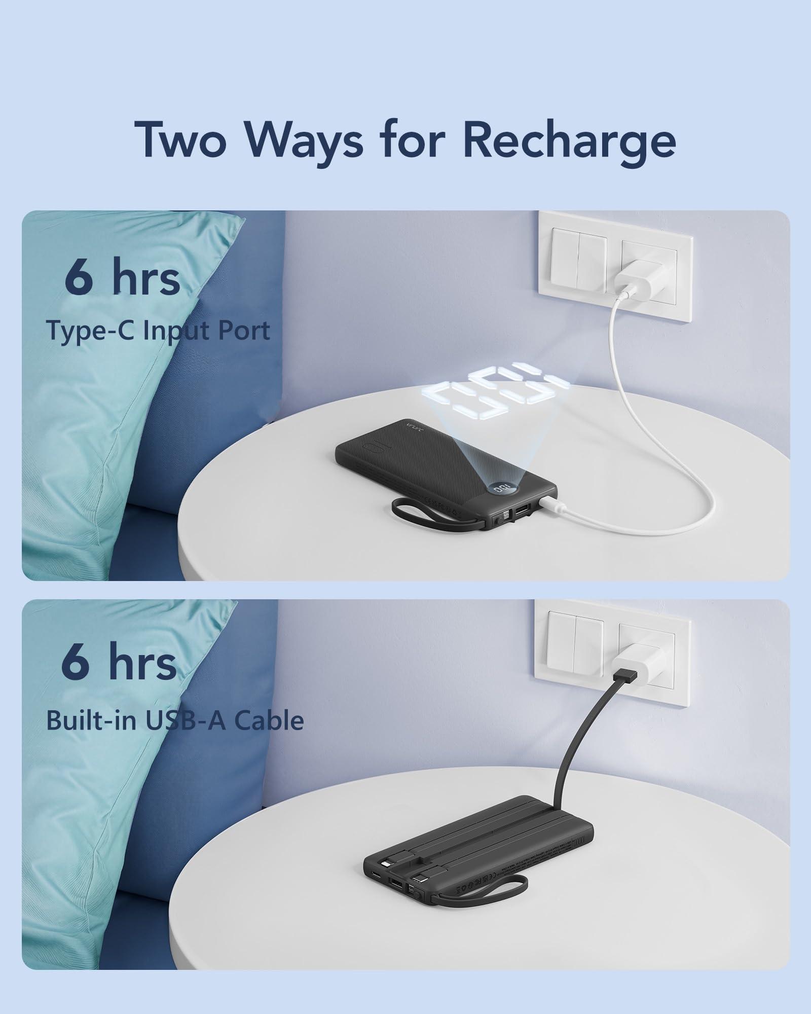 VRURC Portable Charger with Built in Cables, 10000mAh Travel Essentials Power Bank, 5 Output 2 Input LED Display External Battery Pack Compatible with iPhone,Samsung,Android-Black(1 Pack) - Image 6
