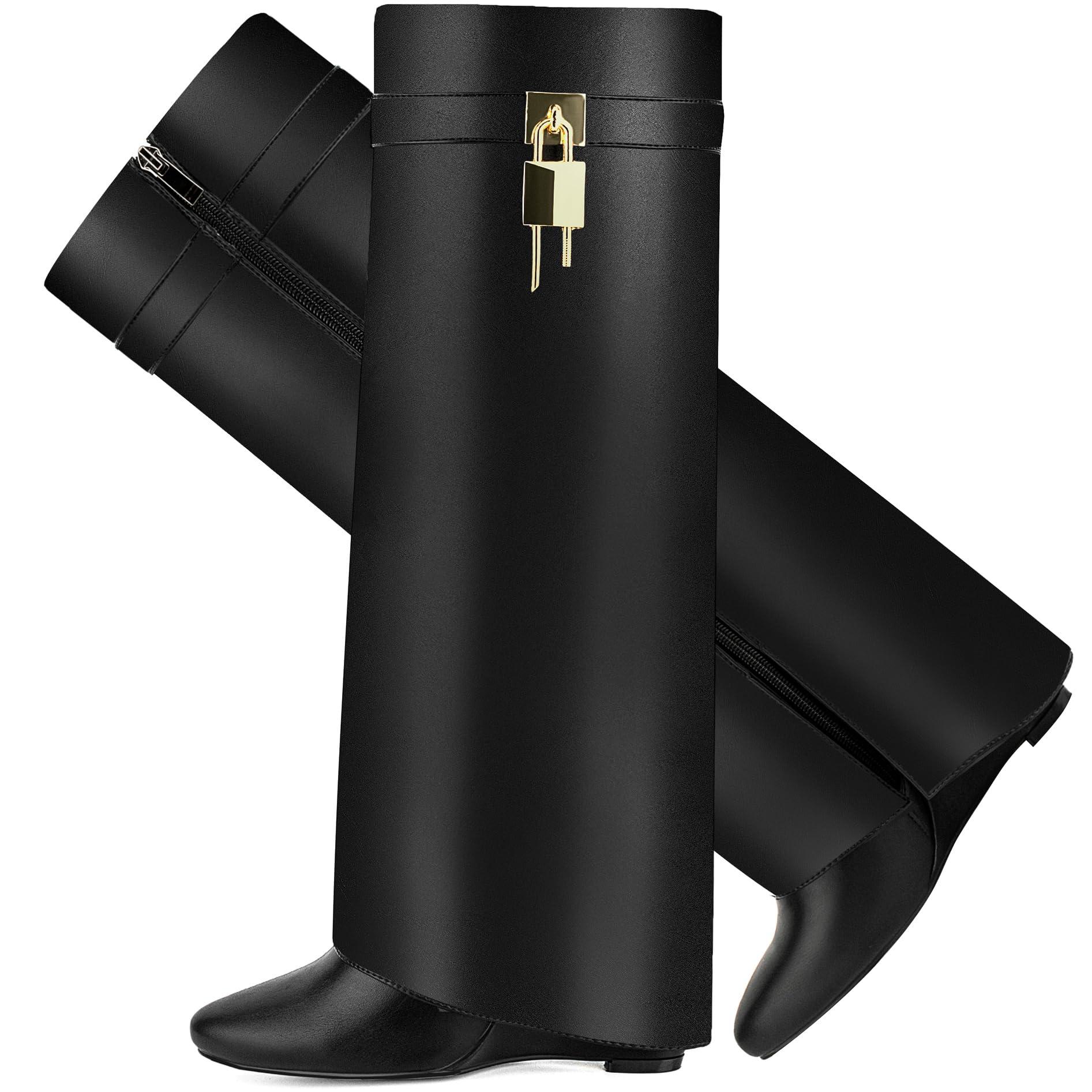 CDHYX Fold Over Boots for Women Pointy Pull-on Wedge Heel Knee Shark Boot With Side Zipper Padlock Design