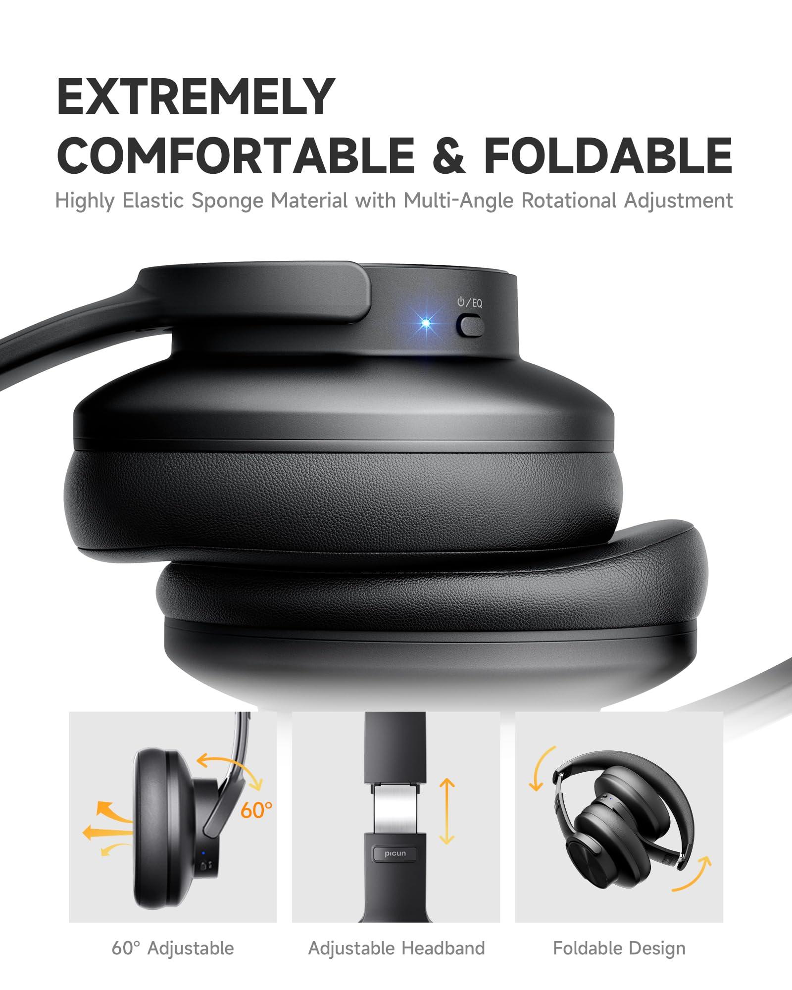 Picun Upgraded Bluetooth Headphones, 120 Hours Playtime, 3 EQ Modes, Deep Bass Wireless Headphones with Microphone, Comfortable and Lightweight Over Ear Headphones for Home, Travel/Office Black - Image 5
