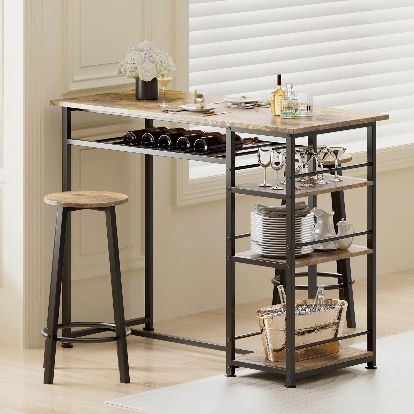 COMHOMA Dining Table Set for 2, Counter Height Kitchen Table and Chairs with Storage Shelves & Wine Rack, Bar Table Set with 2 Bar Stools, 3 Piece Dining Room Table Set for Small Space, Retro Brown - Image 4