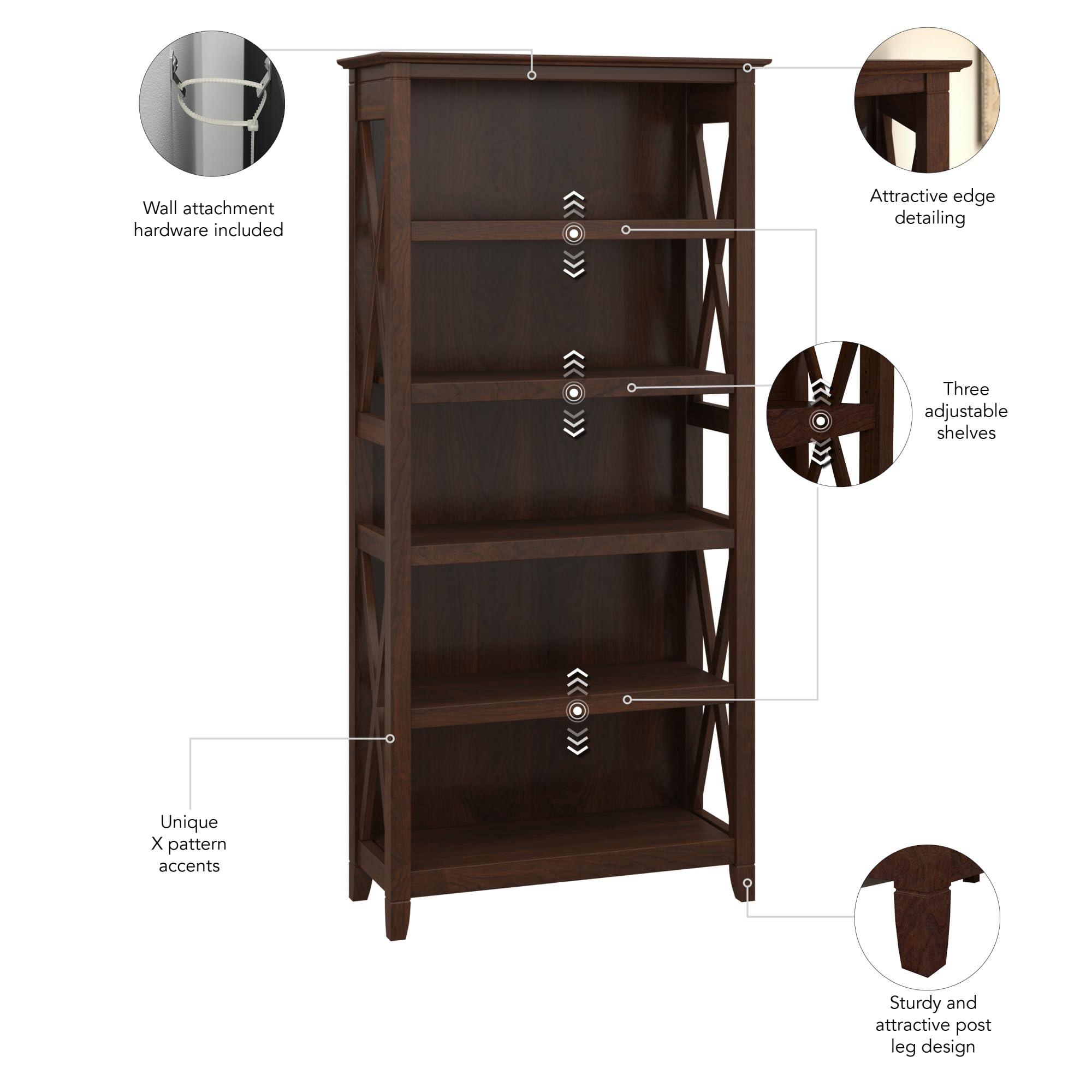 Bush Furniture Tall 5 Shelf Bookcase for Living Room or Home Office, Large Bookshelf, Modern Farmhouse Style, Key West Collection, Bing Cherry - Image 5