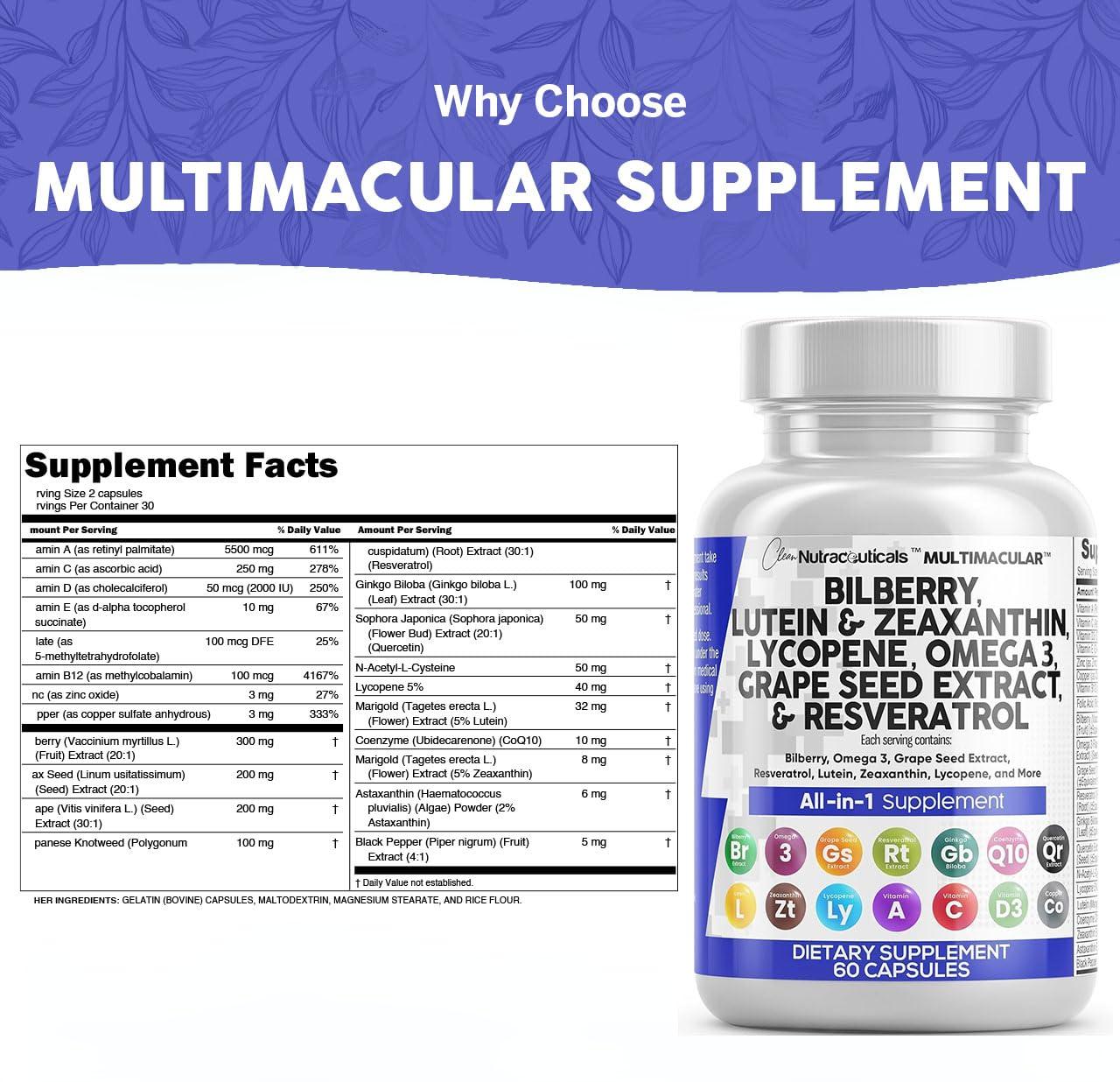 Clean Nutra Eye Vitamins with Bilberry Lutein and Zeaxanthin Supplements Lycopene 40mg Resveratrol Grape Seed Astaxanthin for Eyes - Eye Care Health Support Eye Vitamin and Mineral Supplement - Image 3