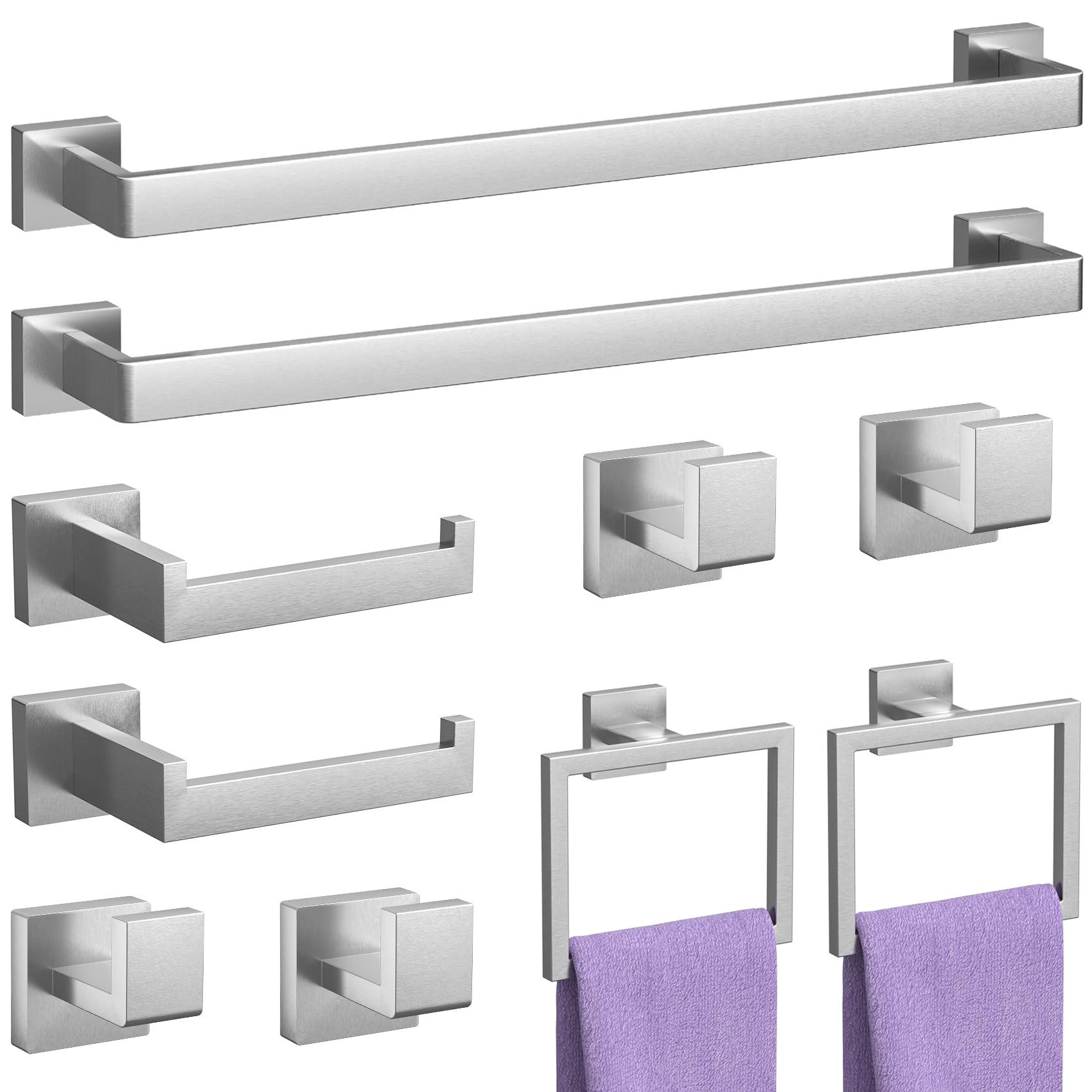 10-Pieces Brushed Nickel Bathroom Accessories Set, 23.6 Inch Bath Towel Bar Set, Stainless Steel Bathroom Hardware Set, Towel Racks for Bathroom Wall Mounted.