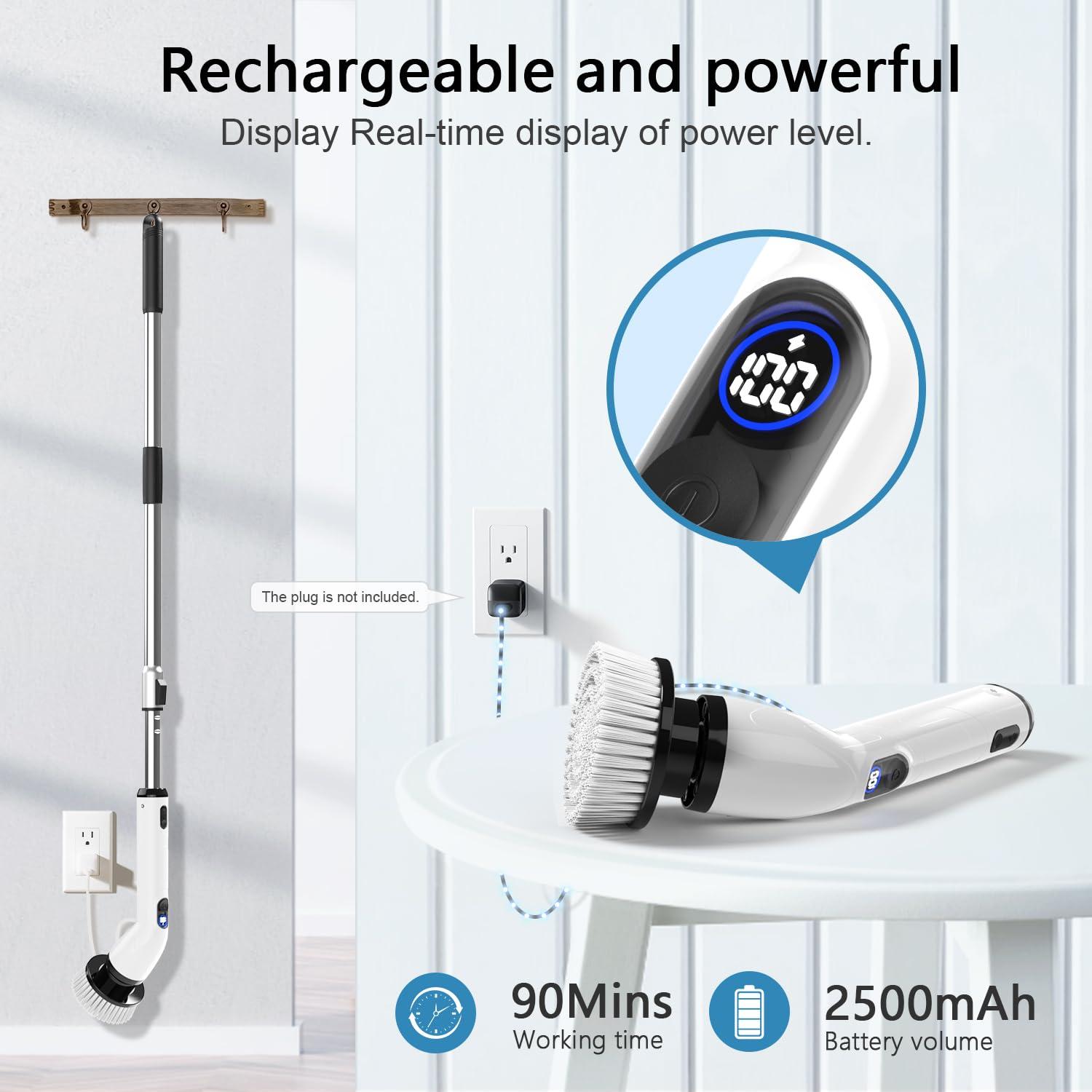 TUYU Electric Spin Scrubber, Full-Body IPX7 Waterproof Bathroom Scrubber with Power LCD Display, Adjustable Extension Handle, Cordless Shower Cleaner Brush for Bathtub Kitchen Wall Cleaning - Image 5