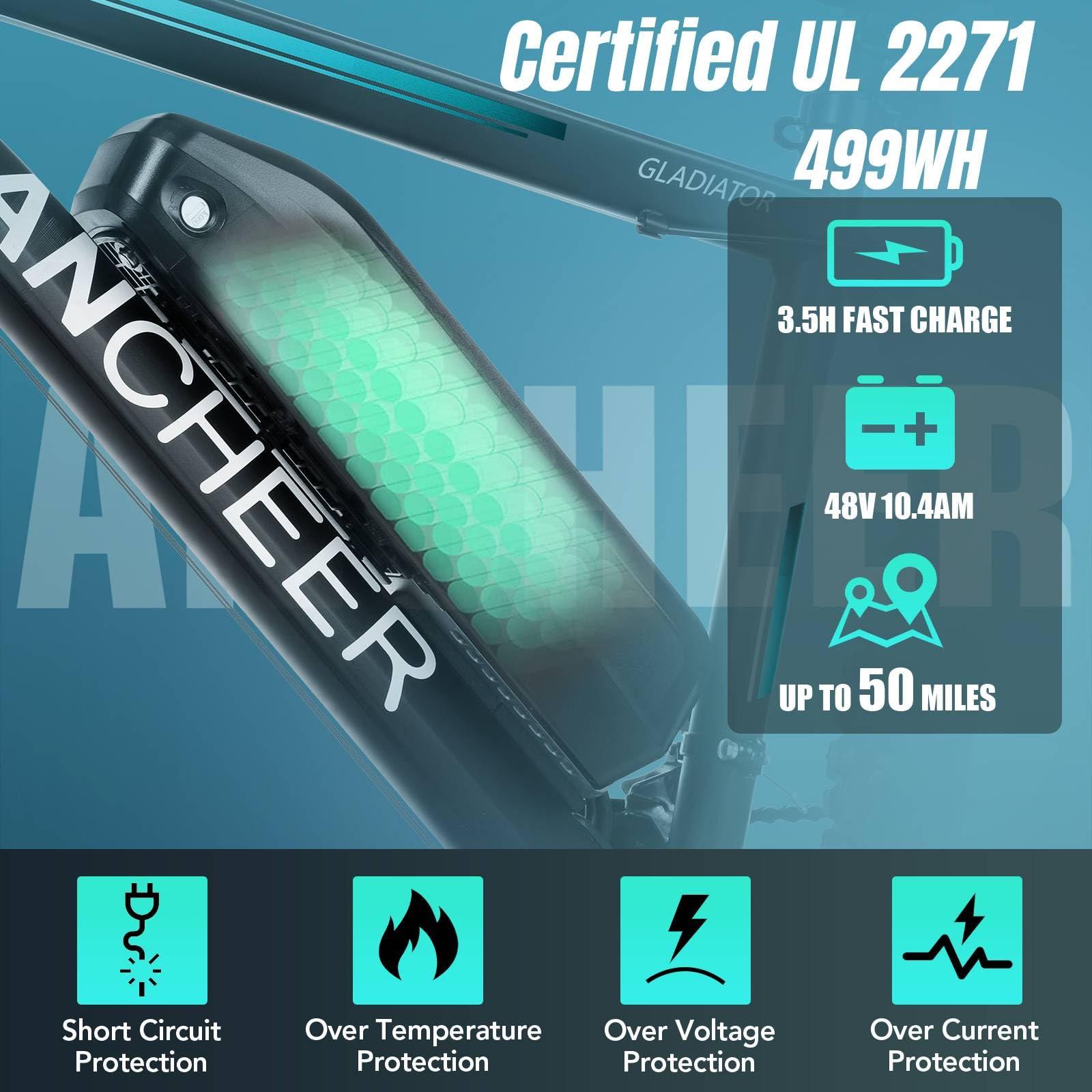 ANCHEER Electric Bike for Adults, Peak 750W Ebike, 3H Fast Charge, 55 Miles, 22MPH Electric Bicycle, 48V 499Wh Battery, 26" Gladiator Electric Mountain Bike, 21Speed, UL 2849 Certified - Image 3