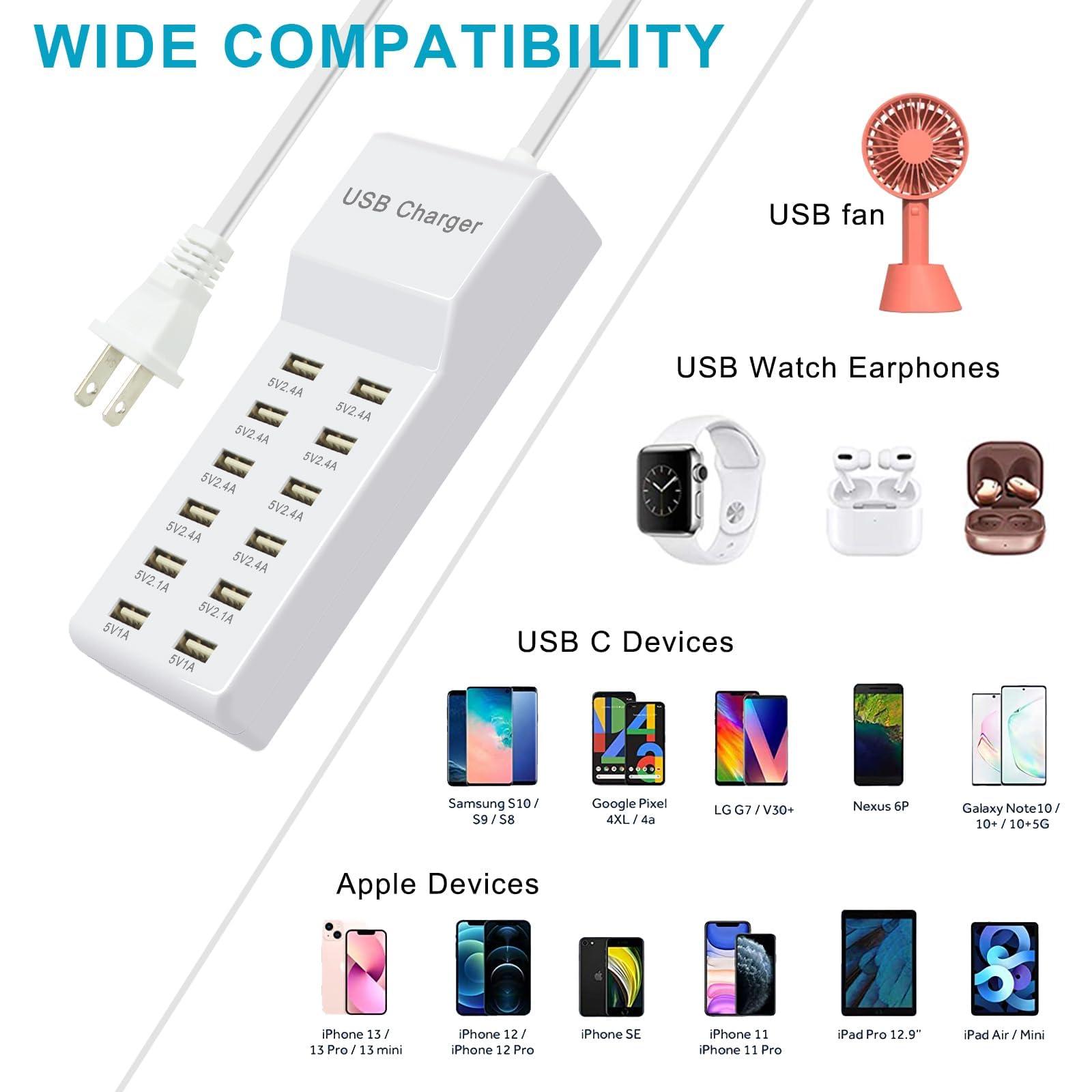 USB Charging Station with 12 Port Power Strip Fast Charging hub for Multiple Devices Compatible with Cell Phones Tablets Laptops (12 USB Ports) - Image 2
