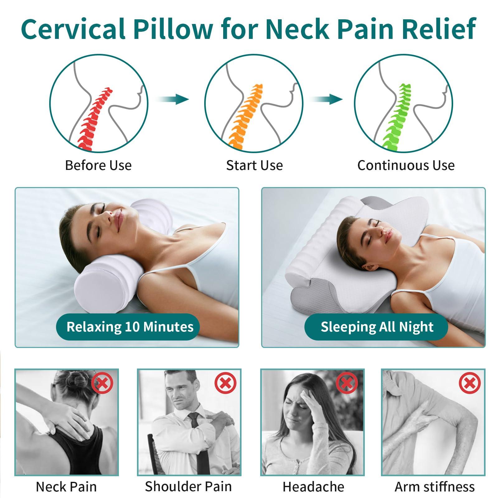 onesmile Cervical and Roll Neck Pillow-2 in 1 Removable Ergonomic for Pain Relief, Support for Sleeping, Memory Foam for Side, Back & Stomach Sleepers (Grey) - Image 6