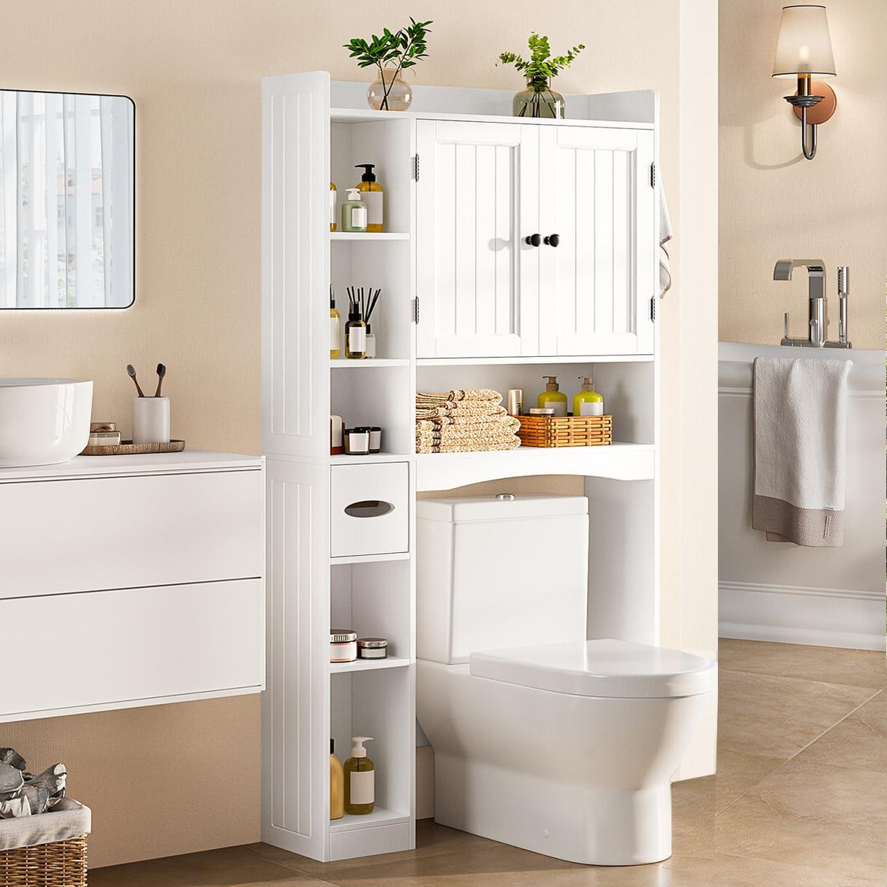 Gizoon Over The Toilet Storage Cabinet, 66''H Over Toilet Bathroom Organizer, Double Door Storage Cabinet Over Toilet, with Paper Holder and Racks, Adjustable Shelf, Bottom Bar, for Bathroom, White