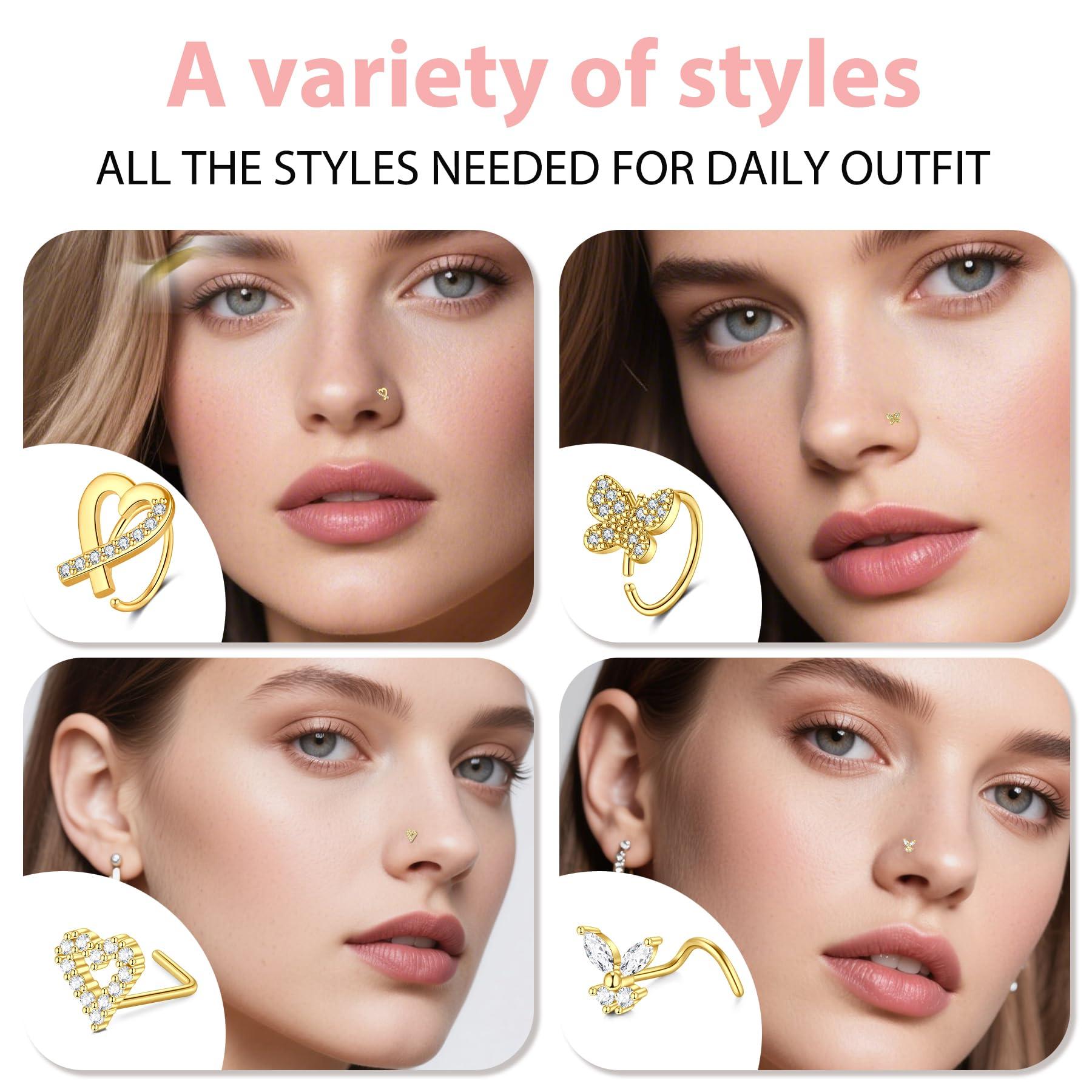 D.Bella 20G Stainless Steel Nose Rings - 20 Gauge Hoops & Studs - Flower, Heart, Diamond & L-Shaped Nostril Nose Piercing Jewelry for Women & Men - Image 4