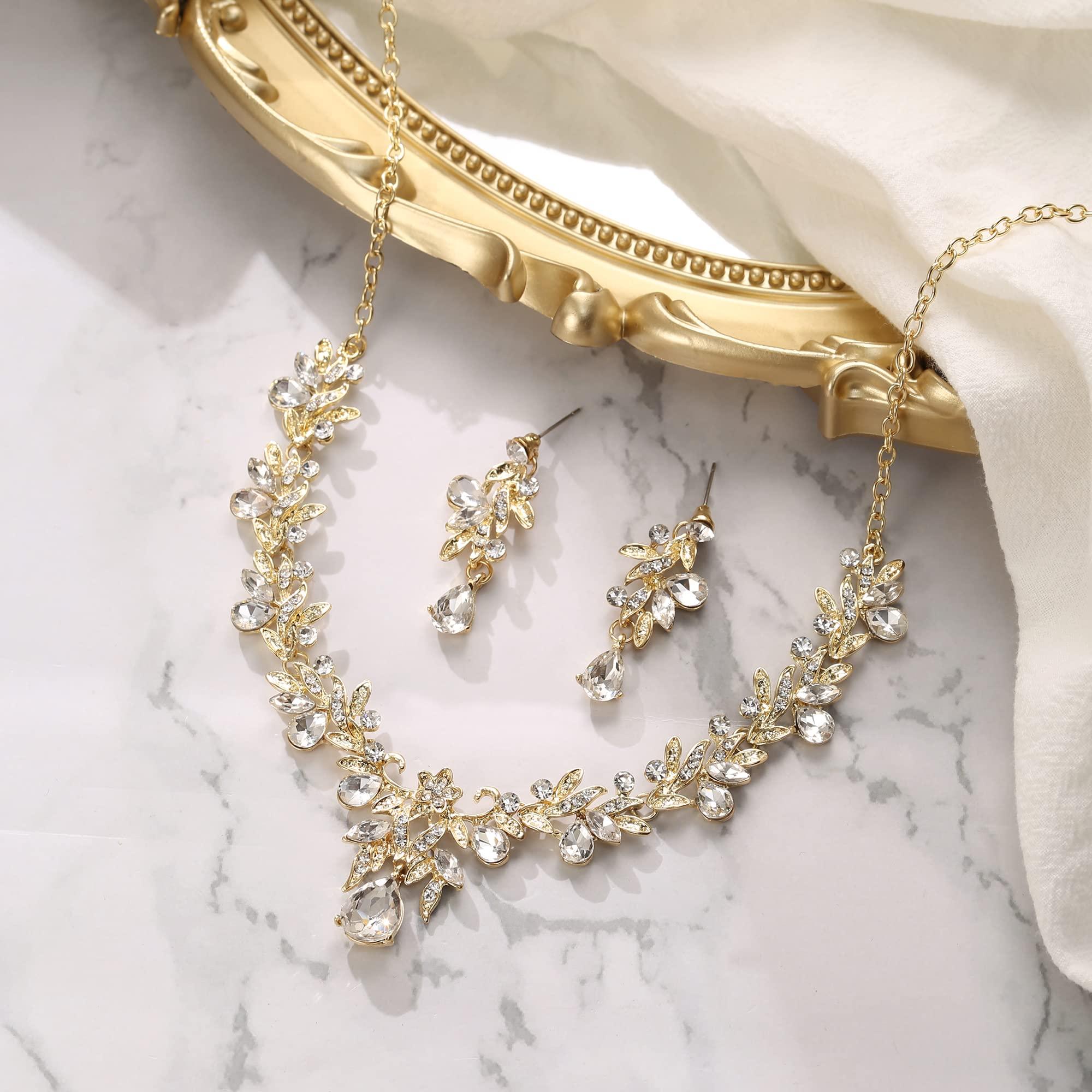 BriLove Women's Wedding Jewelery Set Leaf Flower Crystal Teardrop Marquise Cluster Pendant Necklace Dangle Earrings for Bridal Party - Image 3