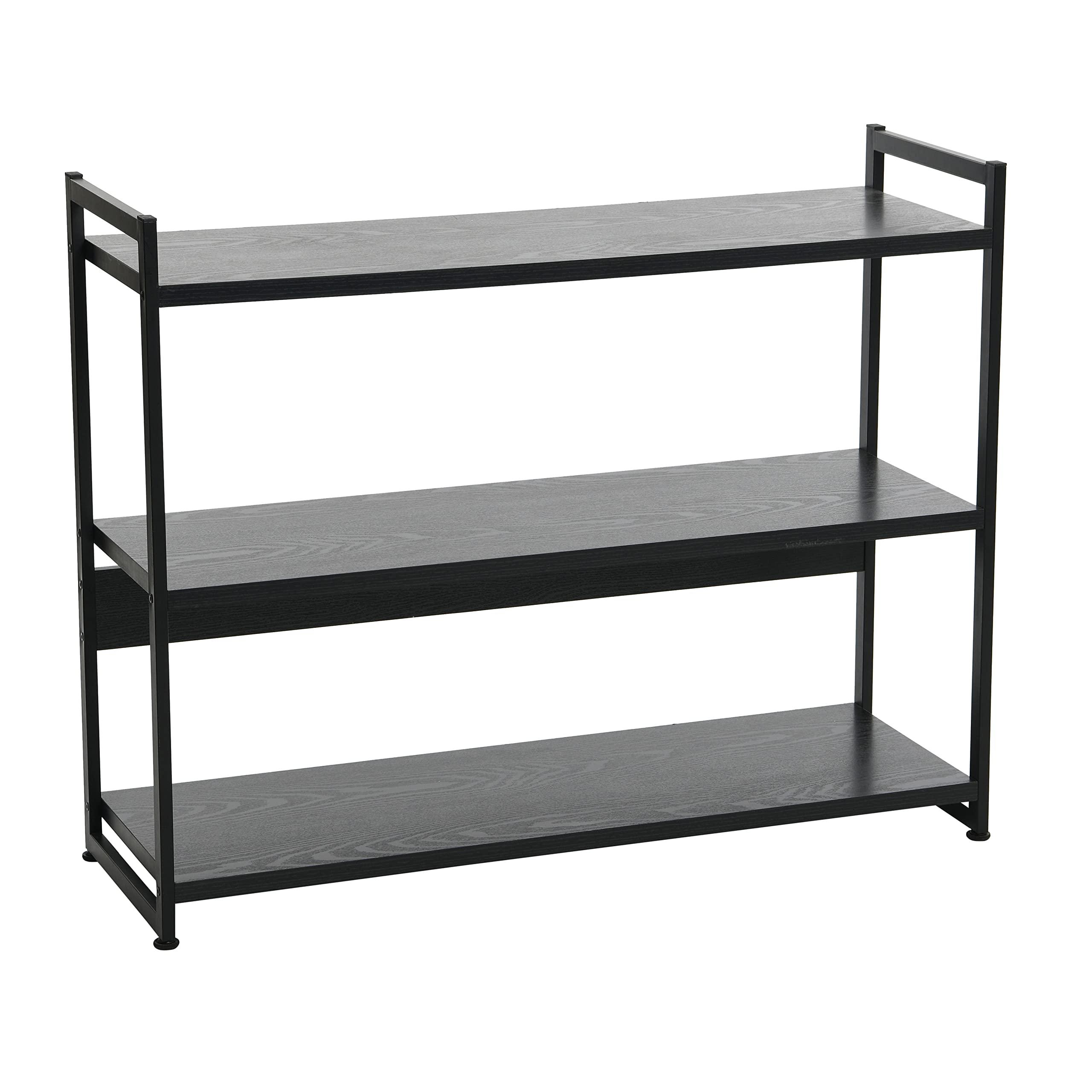 Household Essentials Jamestown Wide 3 Shelf Open Storage Bookshelf Black Oak Wood Grain and Black Metal