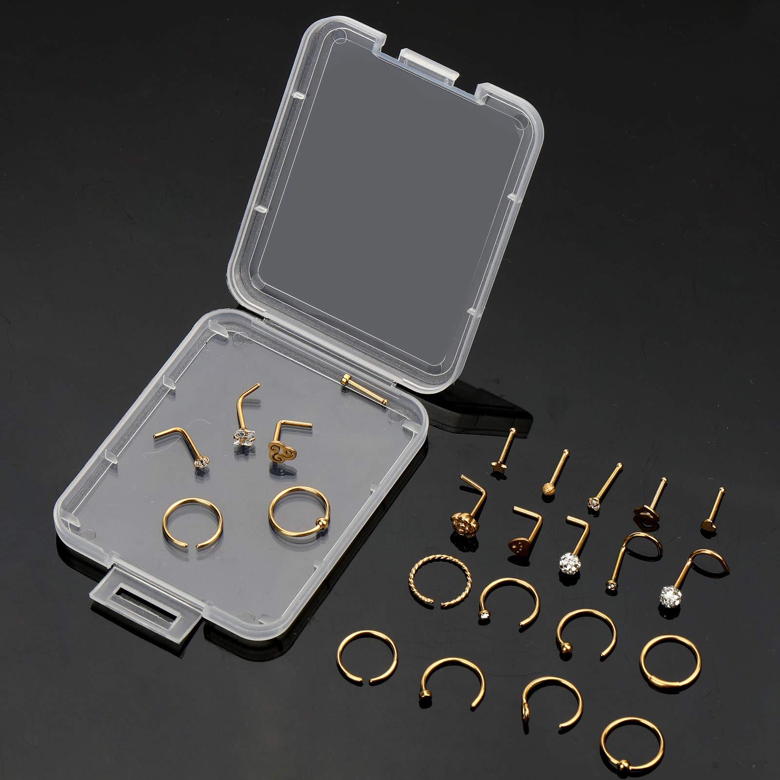 ONESING 35-70 PCS 18G 20G Nose Rings for Women & Men - Gold Hoops, L Shape, Studs & Screw - 316L Surgical Stainless Steel - Image 7