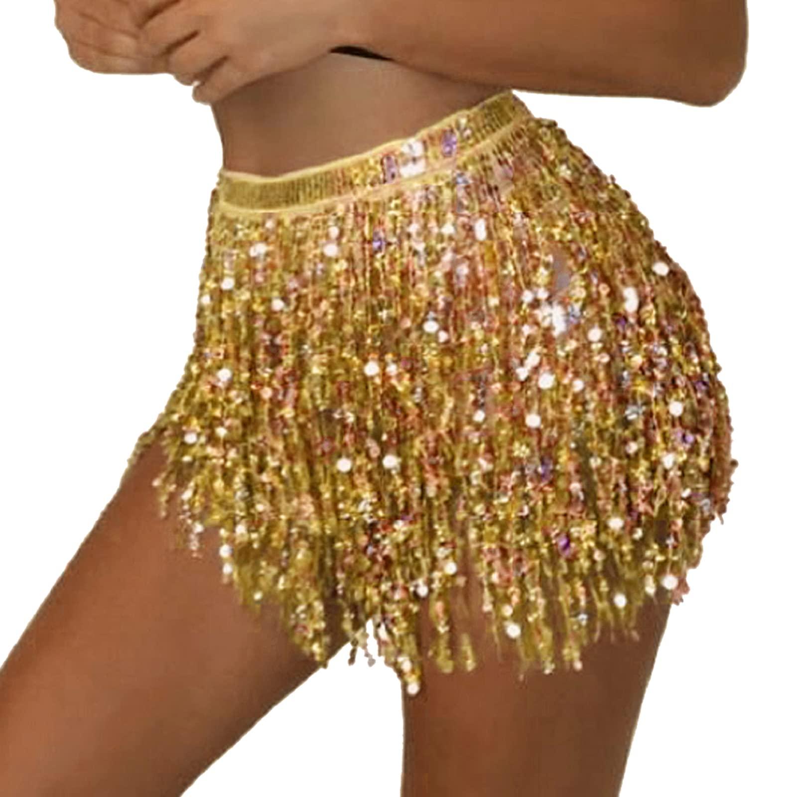 Women's Sequin Tassel Skirts Rave Fringe Hip Scarf for Festival
