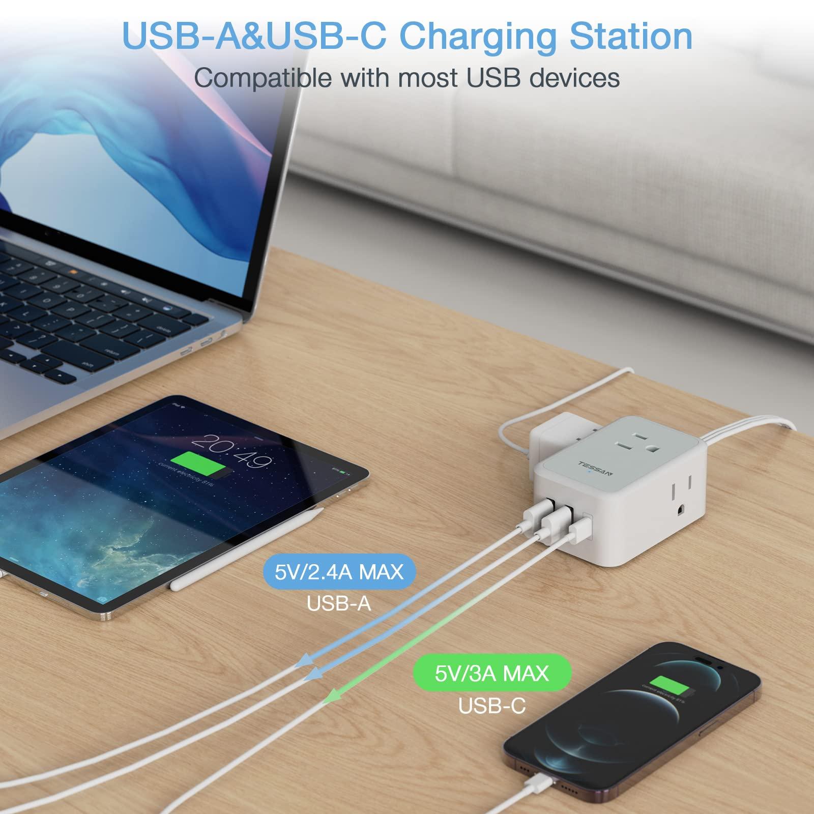 Small Flat Plug Power Strip, TESSAN Ultra Thin Extension Cord with 3 USB Wall Charger (1 USB C), 3 Outlets Mini Charging Station, 5 ft Slim Plug for Cruise Travel Office School Dorm Room Essentials - Image 4