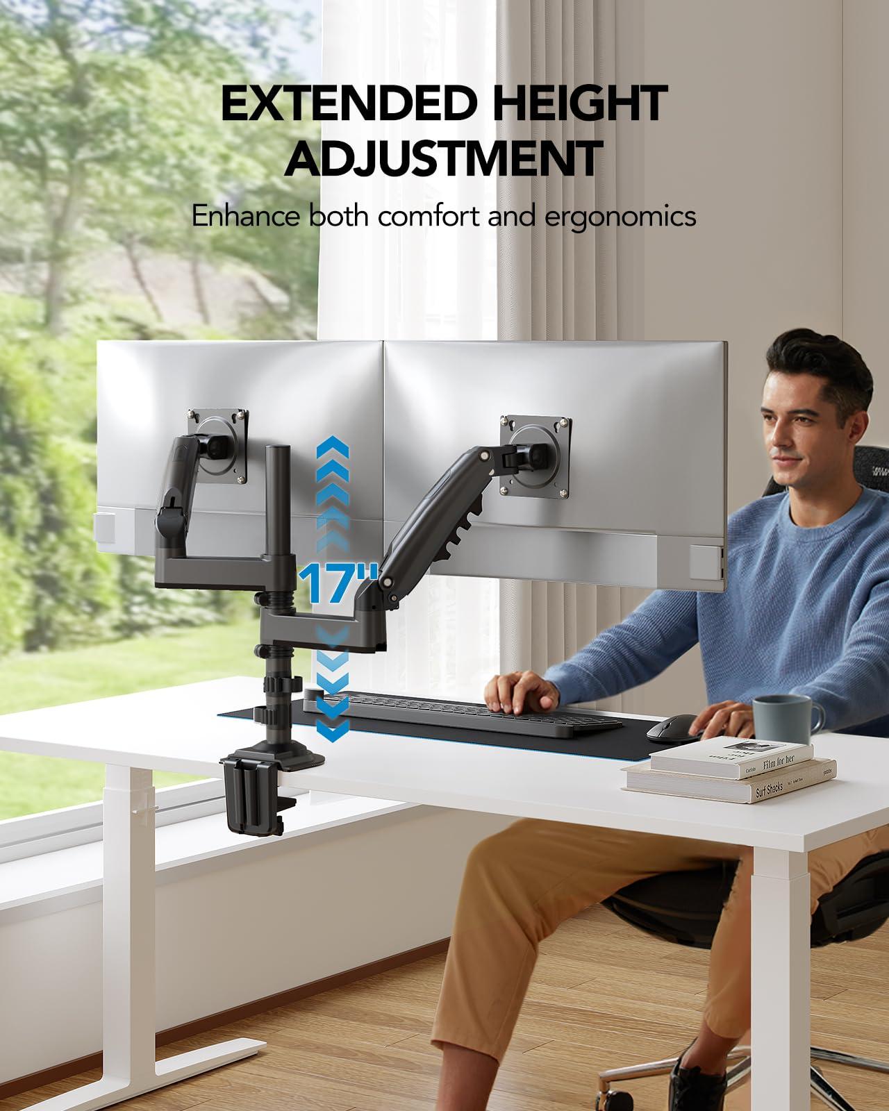 HUANUO 17-32 Inch Dual Monitor Stand, Gas Spring Dual Monitor Mount, Monitor Stand 2 Monitors, Ergonomic Adjustable Tilt/Swivel/Rotate, Weight Max 19.8 lbs, VESA 75/100mm - Image 6