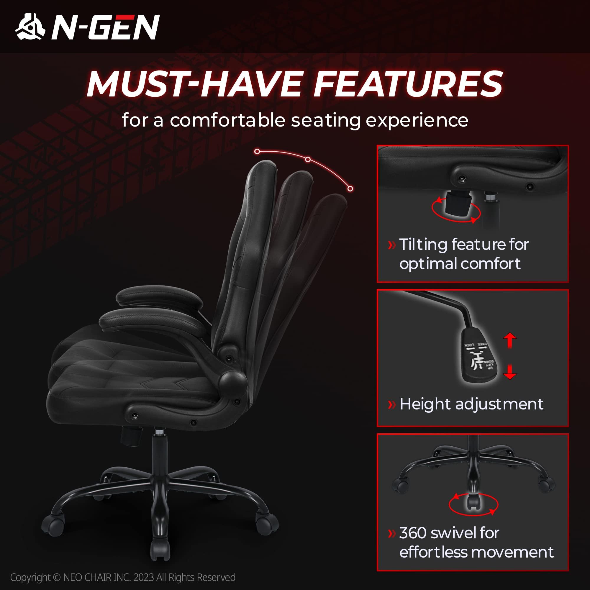 N-GEN Video Gaming Chair Ergonomic Computer Desk Office Chair with Lumbar Support Adjustable Height Swivel Wheels Flip-Up Arms PU Leather Home and Office (Black) - Image 7