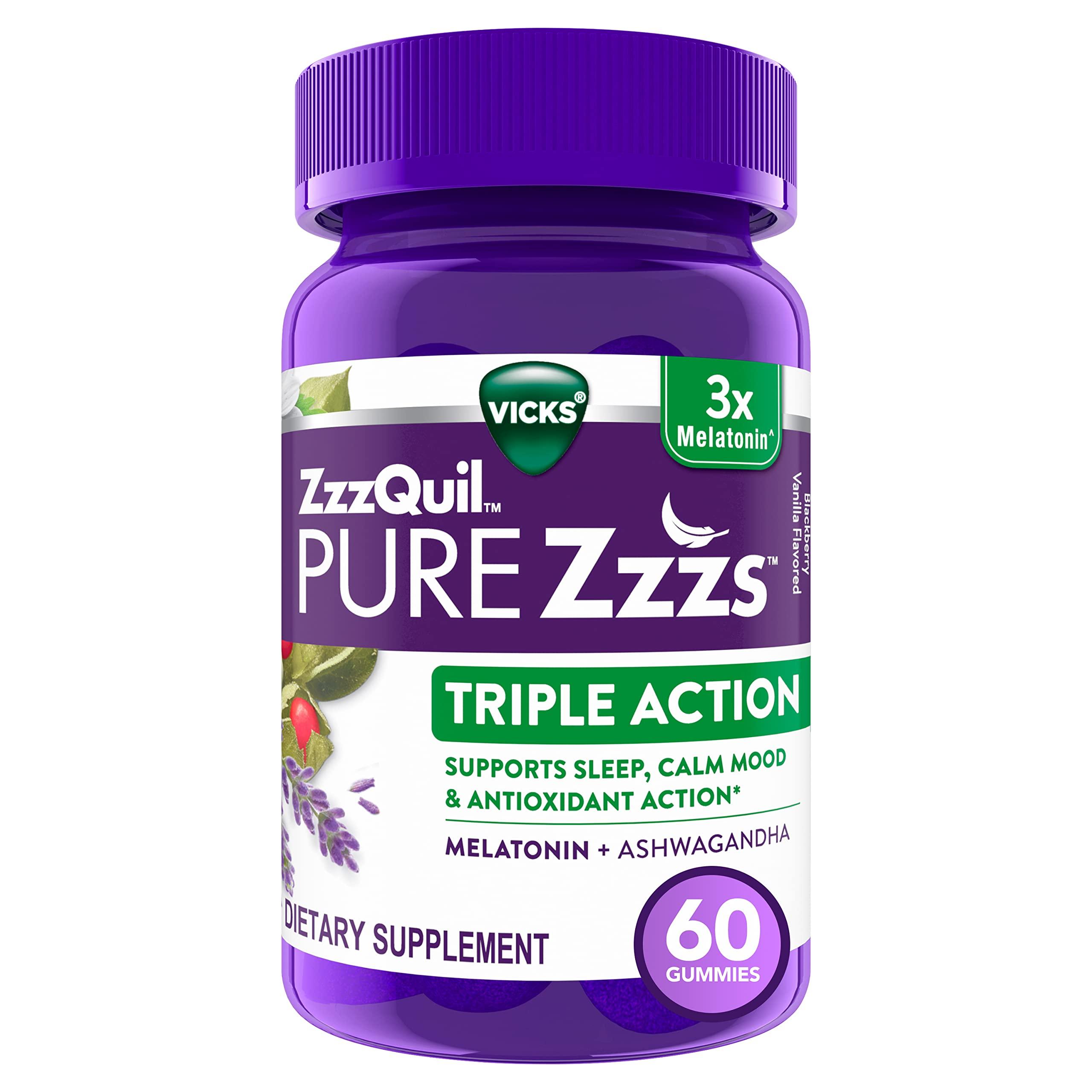 ZzzQuil PURE Zzzs Triple Action, Melatonin Gummies, Melatonin 6mg, 3X Melatonin, Sleep Aid with Ashwagandha, Calm Mood, Antioxidant Action, Sleep Aids for Adults, 60 Sleep Gummies - Image 7