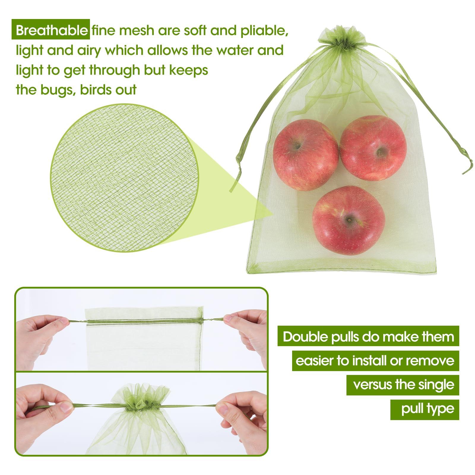 Kikhope 100pcs Fruit Protection Bags 6x9 inch, Fruit Netting Cover Bags with Drawstring Mesh Fruit Protectors Pest Barrier for Mangoes Tomatoes Fruit Trees Veggies Garden, Olive Green - Image 3