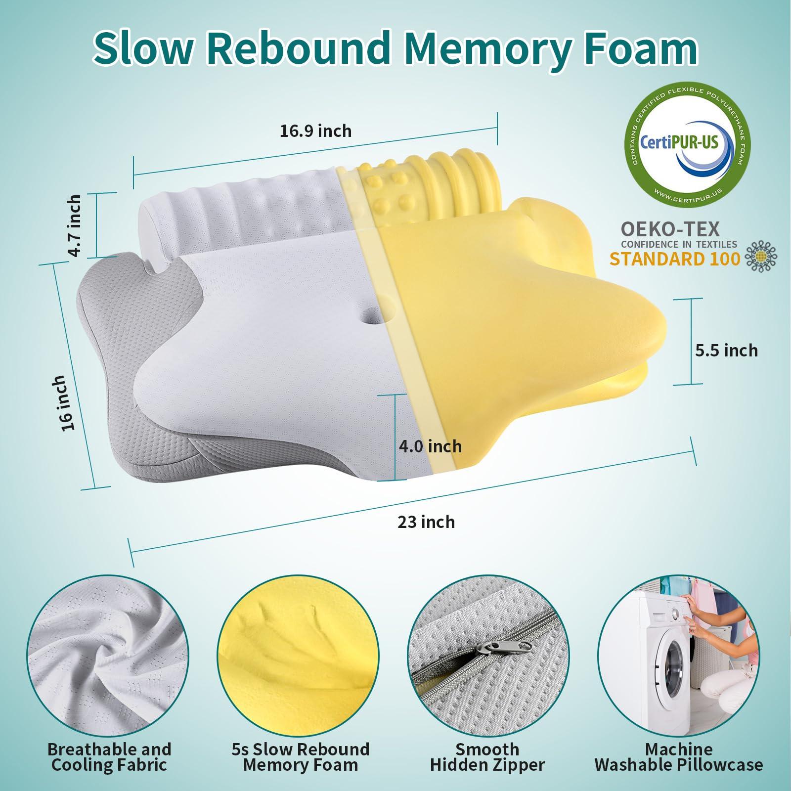 onesmile Cervical and Roll Neck Pillow-2 in 1 Removable Ergonomic for Pain Relief, Support for Sleeping, Memory Foam for Side, Back & Stomach Sleepers (Grey) - Image 2
