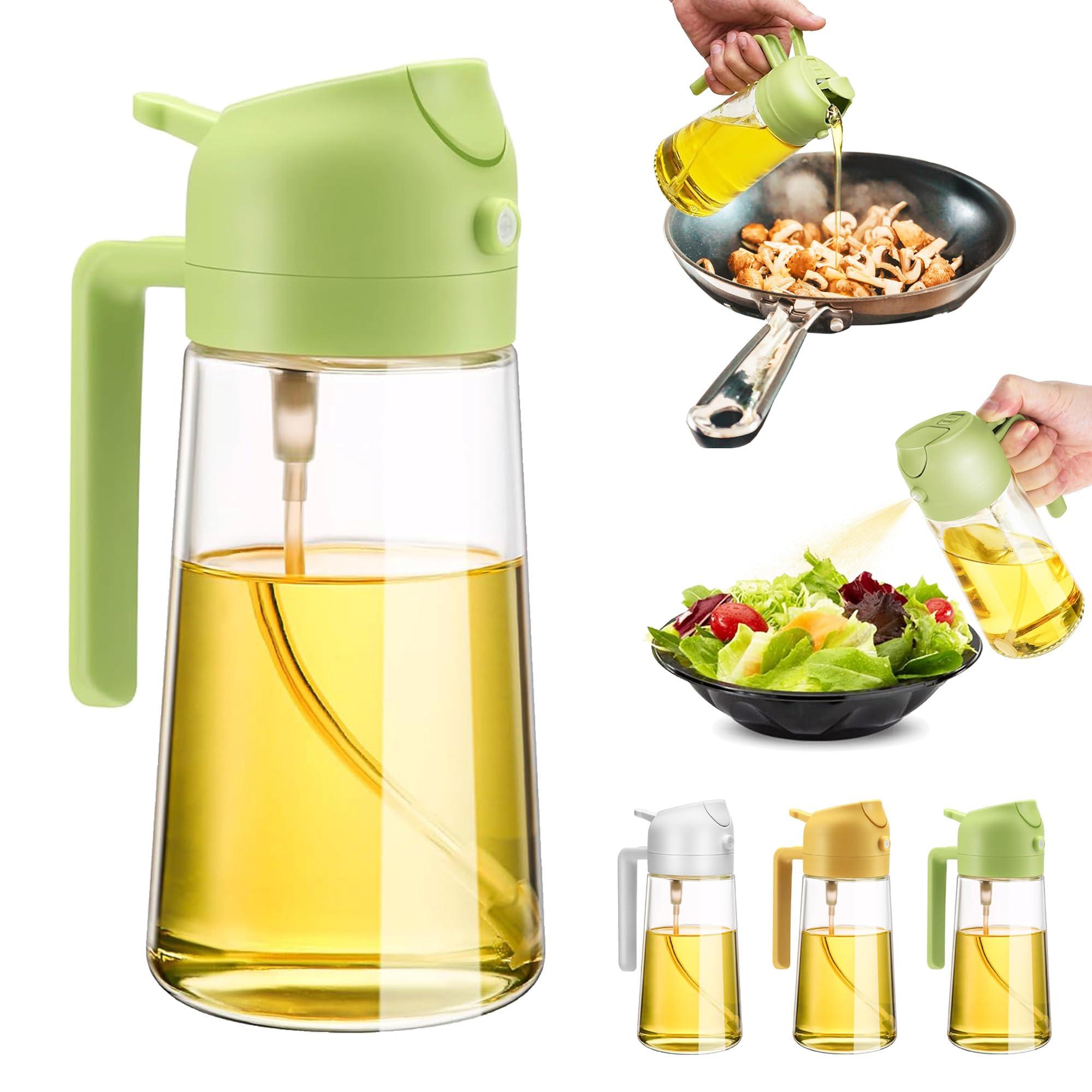 Oil Dispenser & Sprayer - 2 in 1 Glass Spray Bottle, 16oz/470ml for Air Fryer, Salad, Frying, BBQ (Green)