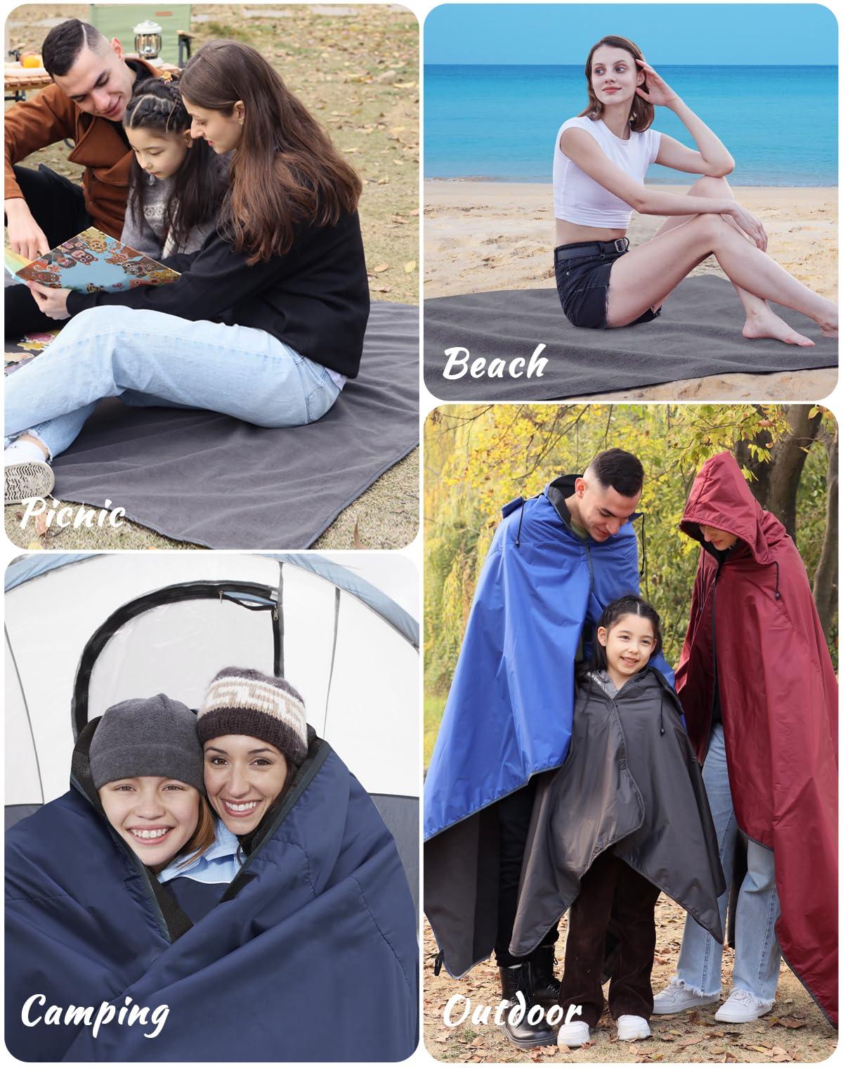DUKUSEEK Hooded Stadium Blanket, Waterproof Windproof Outdoor Fleece Blanket - Large (79x56), Portable, Wearable, Warm for Outdoor Camping, Picnic, Stadium, Sports, Beach, Concerts, Car, Dogs… - Image 7