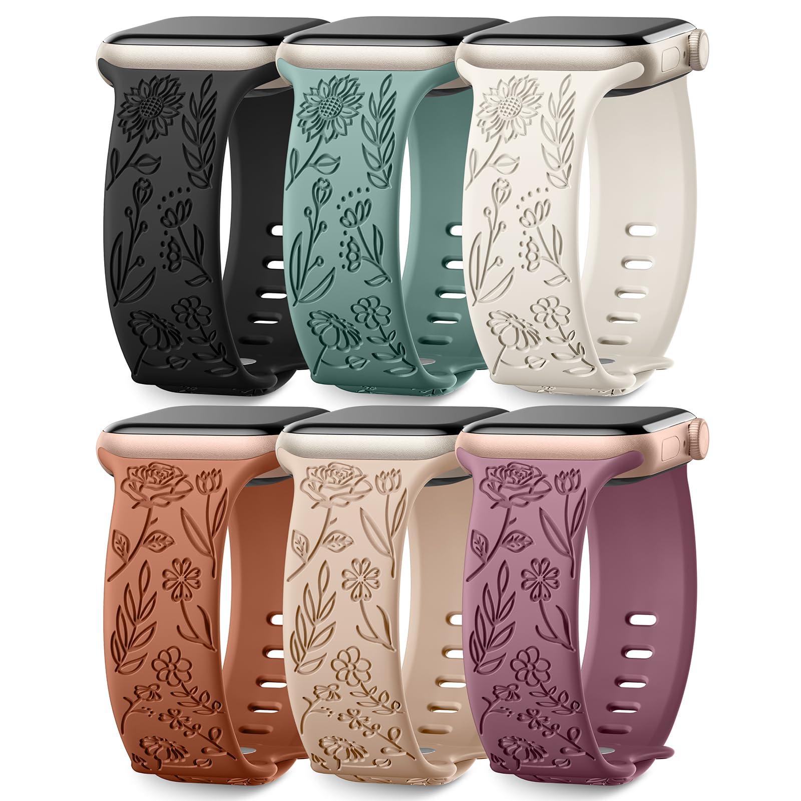 SNBLK 6 Pack Floral Engraved Bands Compatible with Apple Watch Bands for Women & Men, Soft Silicone Cute Flower Pattern Sport Strap for iWatch Series 1-10, Ultra, SE