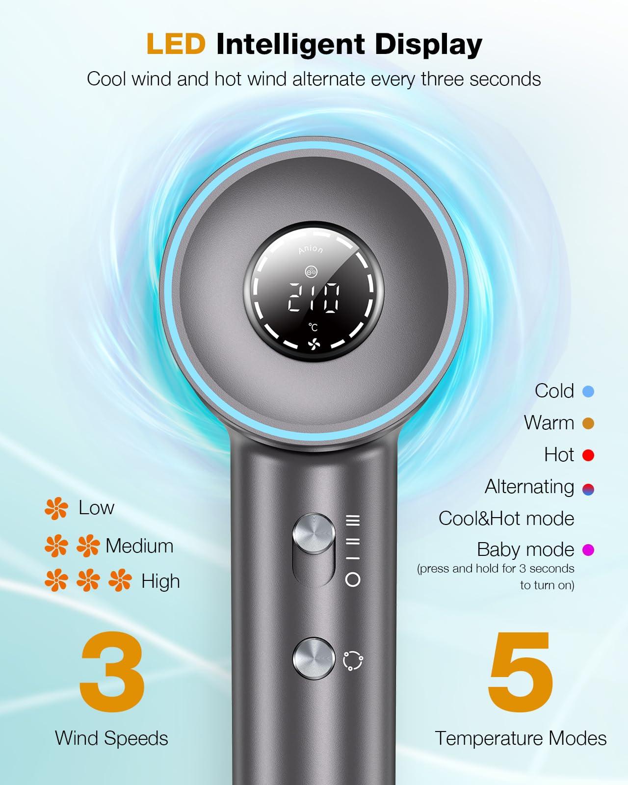 VivaEase Hair Dryer, 160000 RPM Professional High Speed Ionic Blow Dryer for Fast Drying, 5 Temps Quiet Hair Dryer with HD Display for Women, Low Noise Blow Dryer for Home Salon-Grey - Image 2