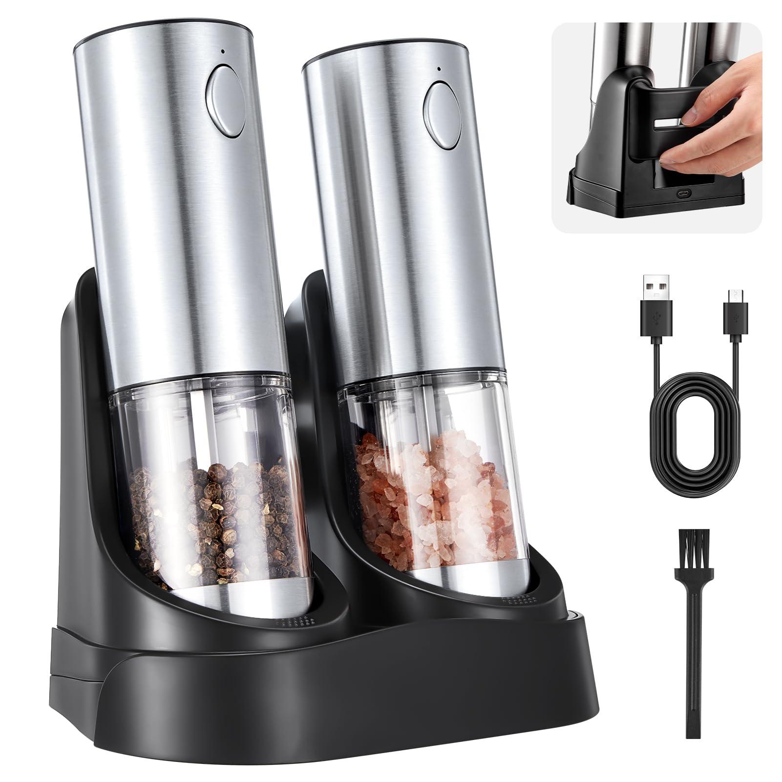 Electric Salt and Pepper Grinder Set — Automatic Rechargeable Salt / Pepper Grinder with Charging Base and LED Light, Adjustable Coarseness, Large Capacity, One-handed Operation Salt Pepper Mills