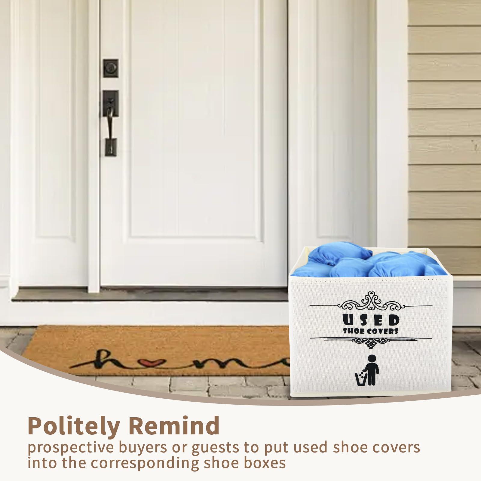 2 Pcs Shoe Covers Box, Foldable Shoe Cover Dispenser for Open House, Real Estate Agent Realtor Supplies, Please Cover or Remove Your Shoes and Used Covers Sign Entryway Basket Storage Bins Set - Image 6