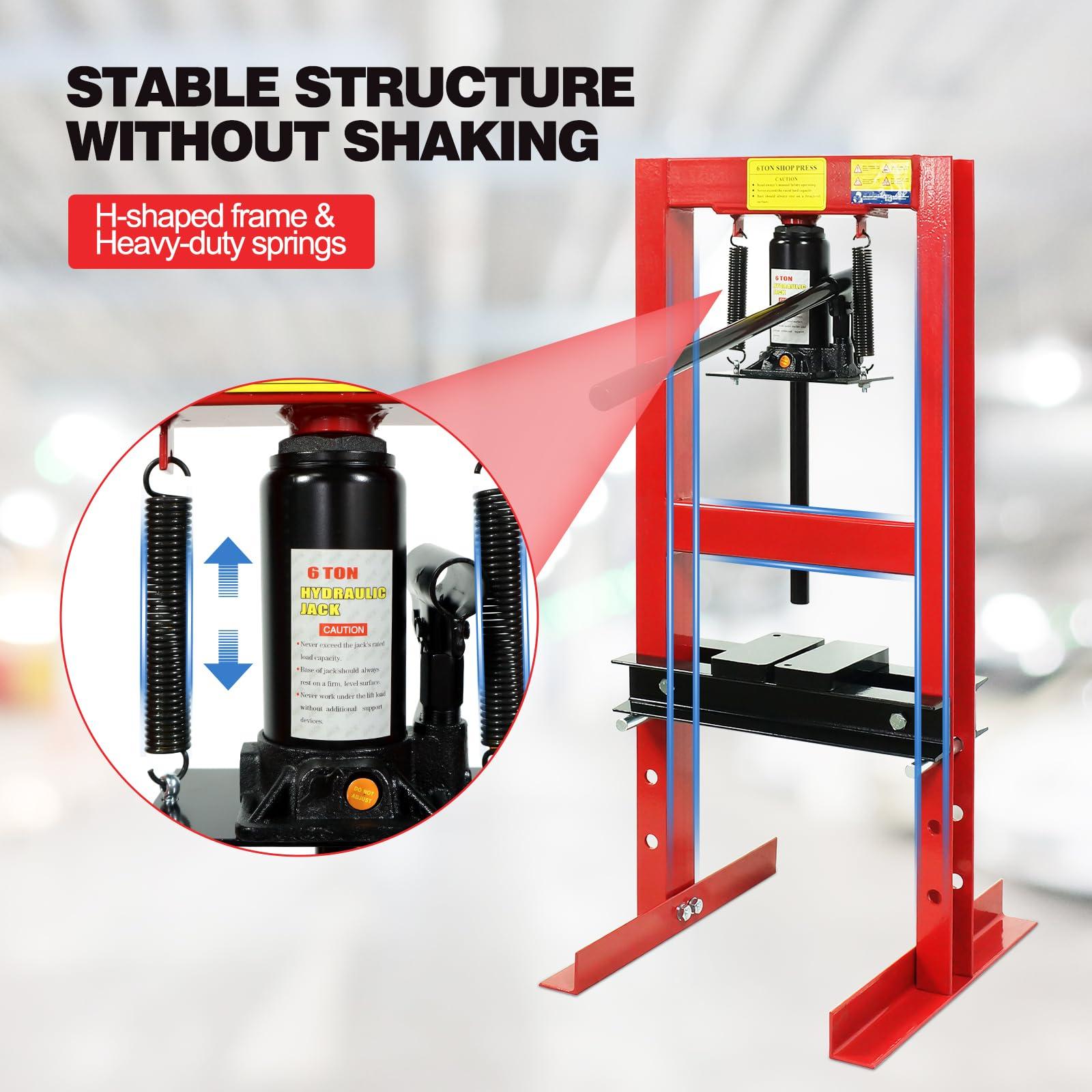 6 Ton Hydraulic Press - Adjustable Height H-Frame Heavy-Duty Shop Press with Press Plates | Benchtop & Floor Hydraulic Press for Gears, Bearings, and Metalworking | Easy to Operate, Red - Image 5