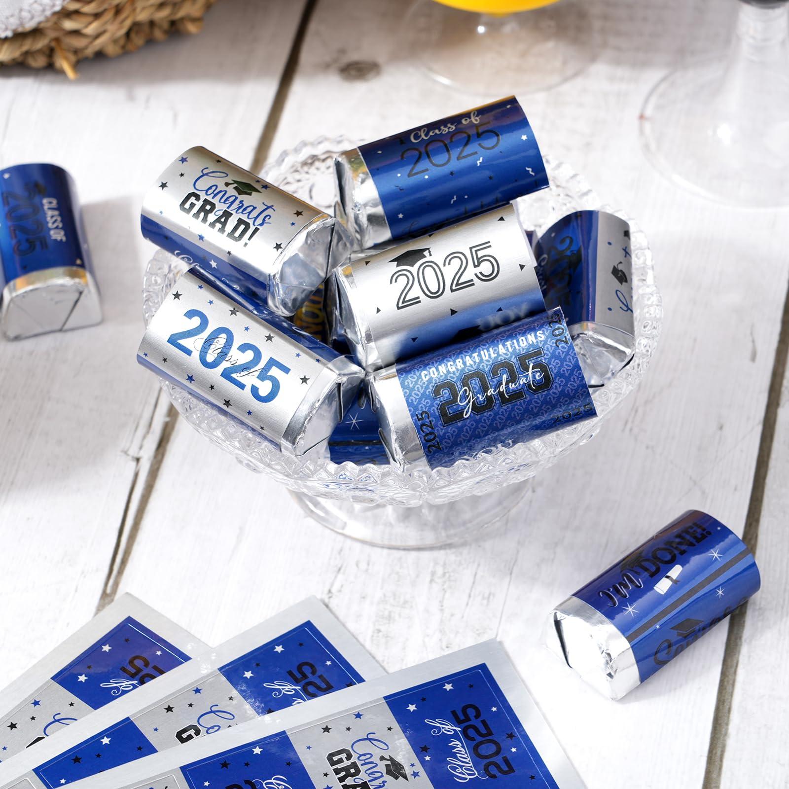 100Pcs Graduation Decorations Class of 2025 Candy Bar Wrappers,Blue and Silver Congrats Grad Mini Candy Stickers Chocolate Bar Labels for College High School Graduation Party Favors,Candy Not Included - Image 2
